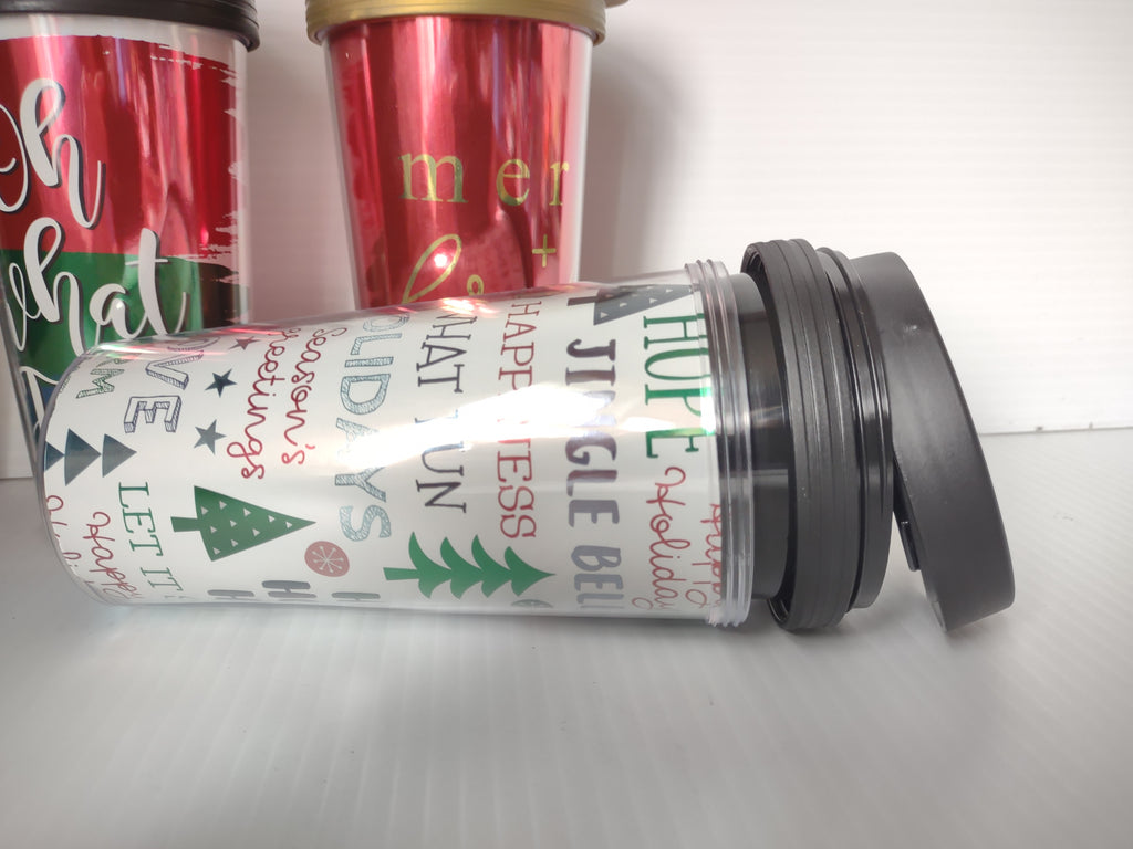 Vintage Christmas Acrylic Travel Mugs Set of 4 Mixed Lids Holiday [7242]