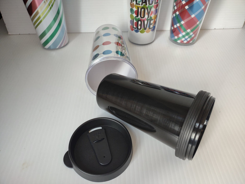 Vintage Holiday Acrylic Travel Tumblers Set of 4 - Candy Stripe, Colorful Dots, Peace Joy Love, Plaid