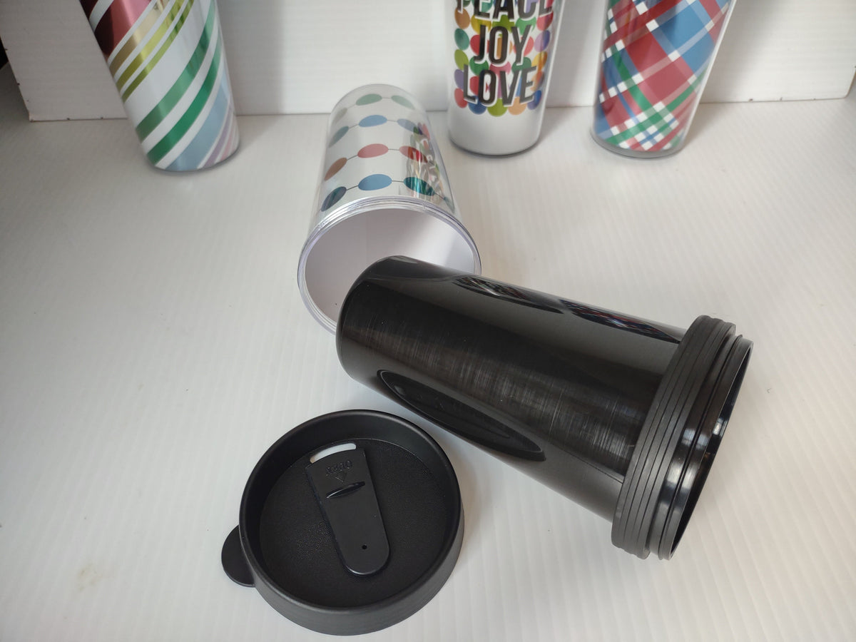 Vintage Holiday Acrylic Travel Tumblers Set of 4 - Candy Stripe, Colorful Dots, Peace Joy Love, Plaid