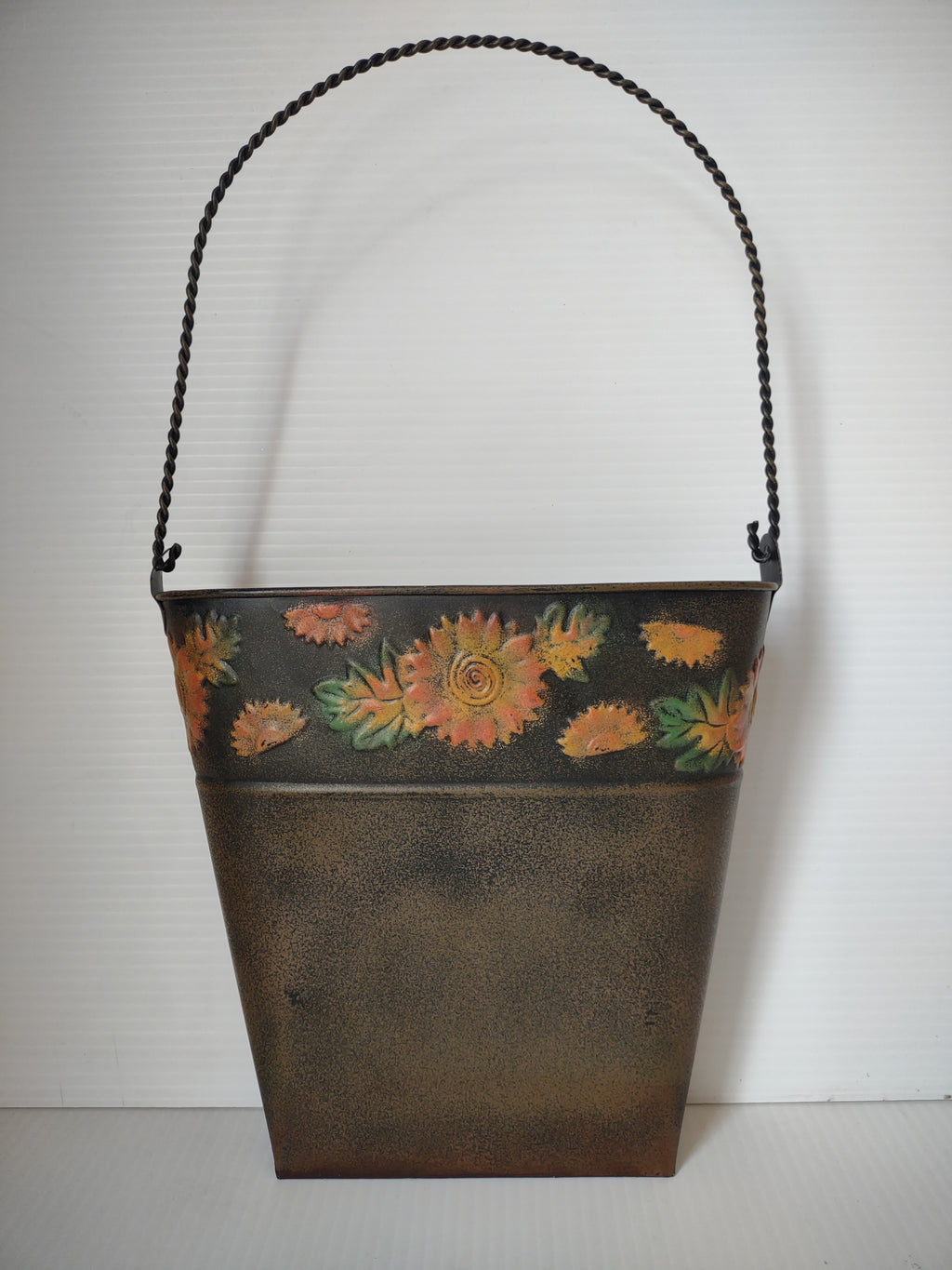 Vintage Metal Tole Flat Bucket Fall Decor Sunflowers Twisted Handle [7246]