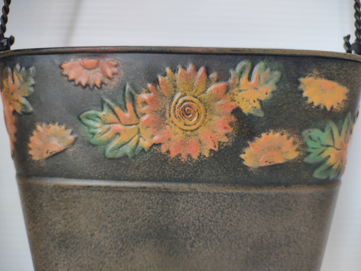 Vintage Metal Tole Flat Bucket Fall Decor Sunflowers Twisted Handle [7246]