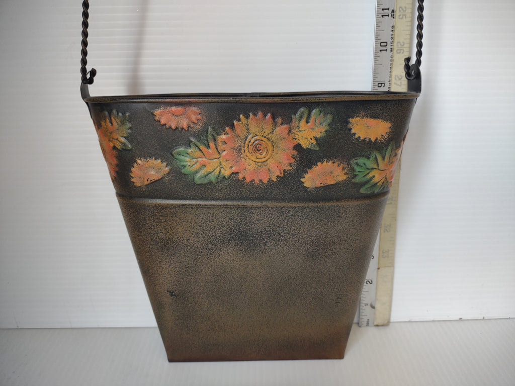 Vintage Metal Tole Flat Bucket Fall Decor Sunflowers Twisted Handle [7246]