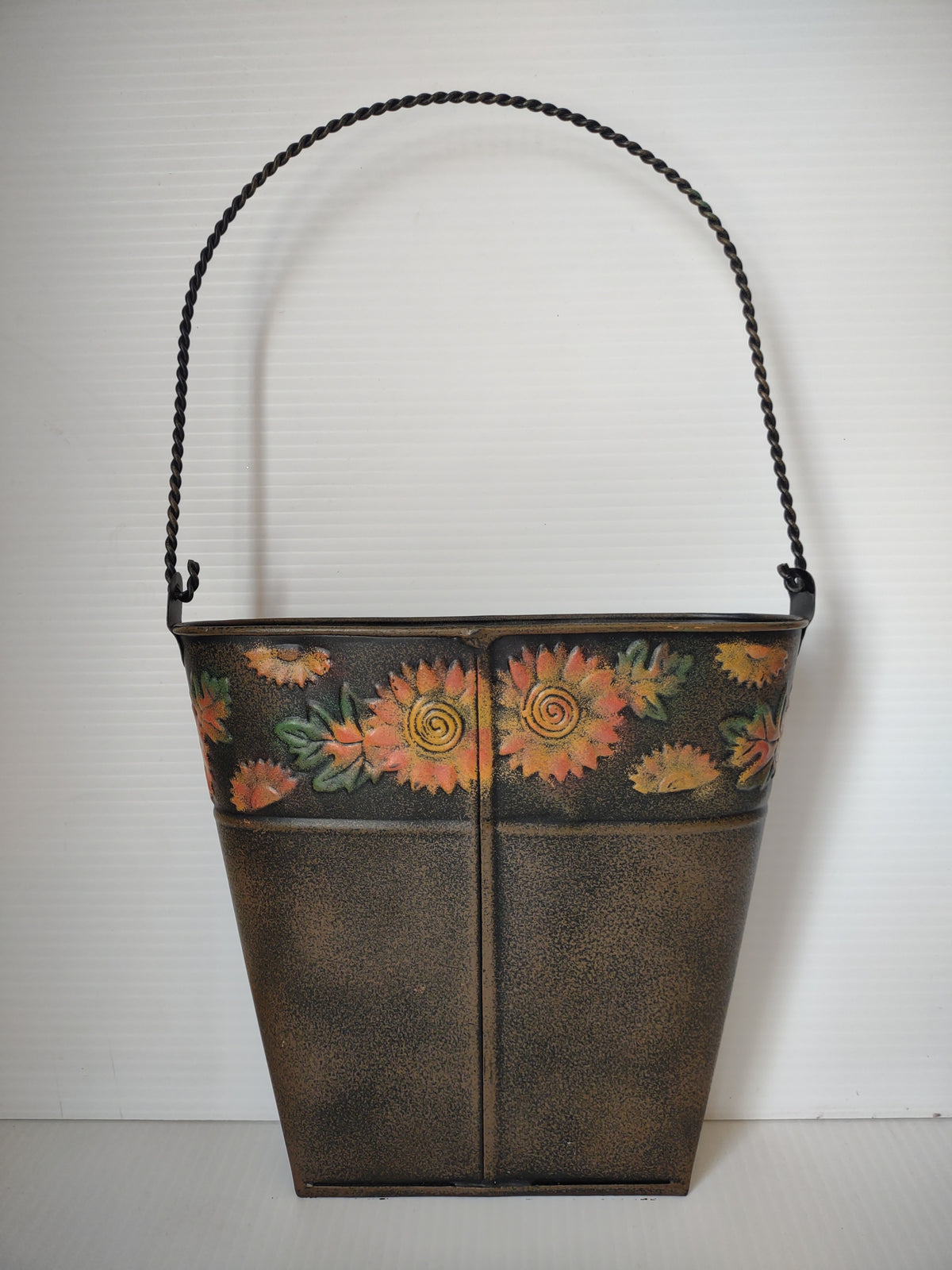 Vintage Metal Tole Flat Bucket Fall Decor Sunflowers Twisted Handle [7246]