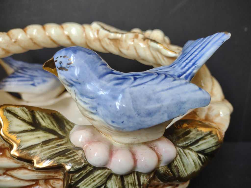 Vintage Ceramic Bluebird Small Planter Basket Figurine Gold Accent 7" [7245]