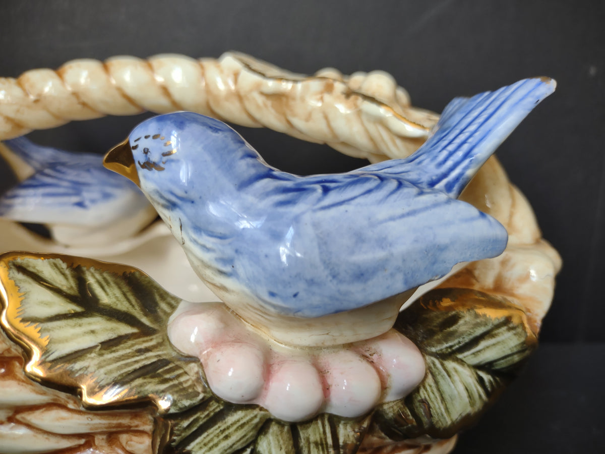 Vintage Ceramic Bluebird Small Planter Basket Figurine Gold Accent 7" [7245]
