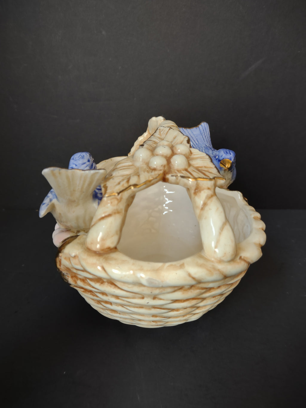 Vintage Ceramic Bluebird Small Planter Basket Figurine Gold Accent 7" [7245]