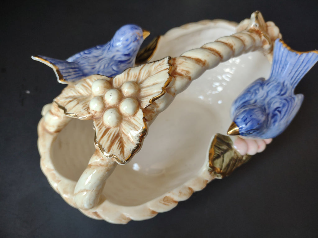 Vintage Ceramic Bluebird Small Planter Basket Figurine Gold Accent 7" [7245]