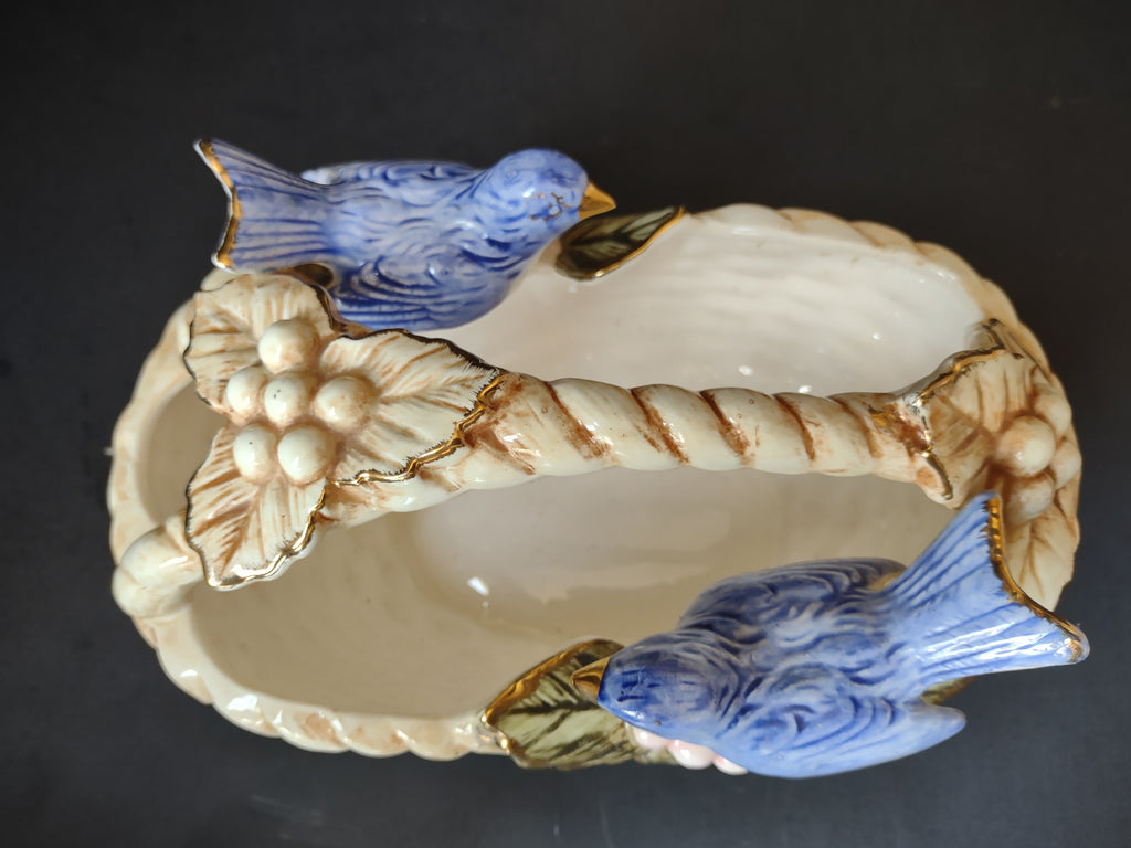 Vintage Ceramic Bluebird Small Planter Basket Figurine Gold Accent 7" [7245]