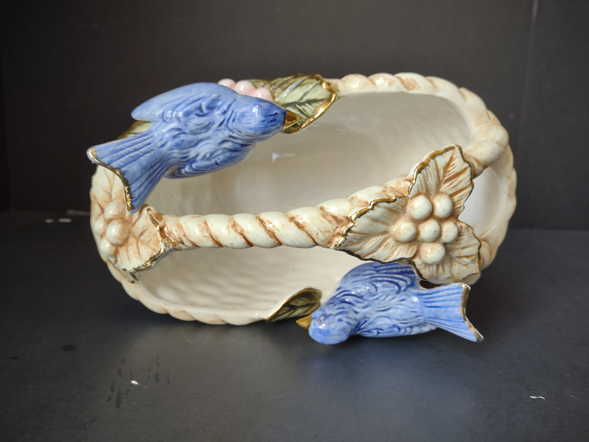 Vintage Ceramic Bluebird Small Planter Basket Figurine Gold Accent 7" [7245]