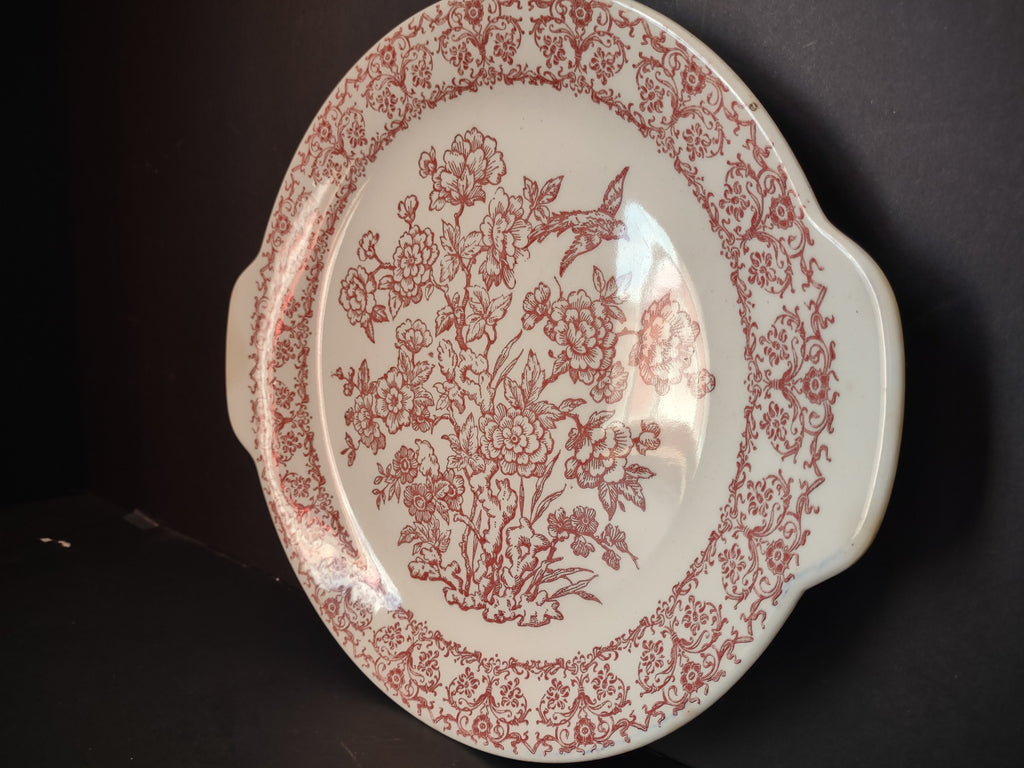 Vintage Royal China Underglaze Pink Red Transferware Bird Floral Tab Plate Cake Serving[7215]