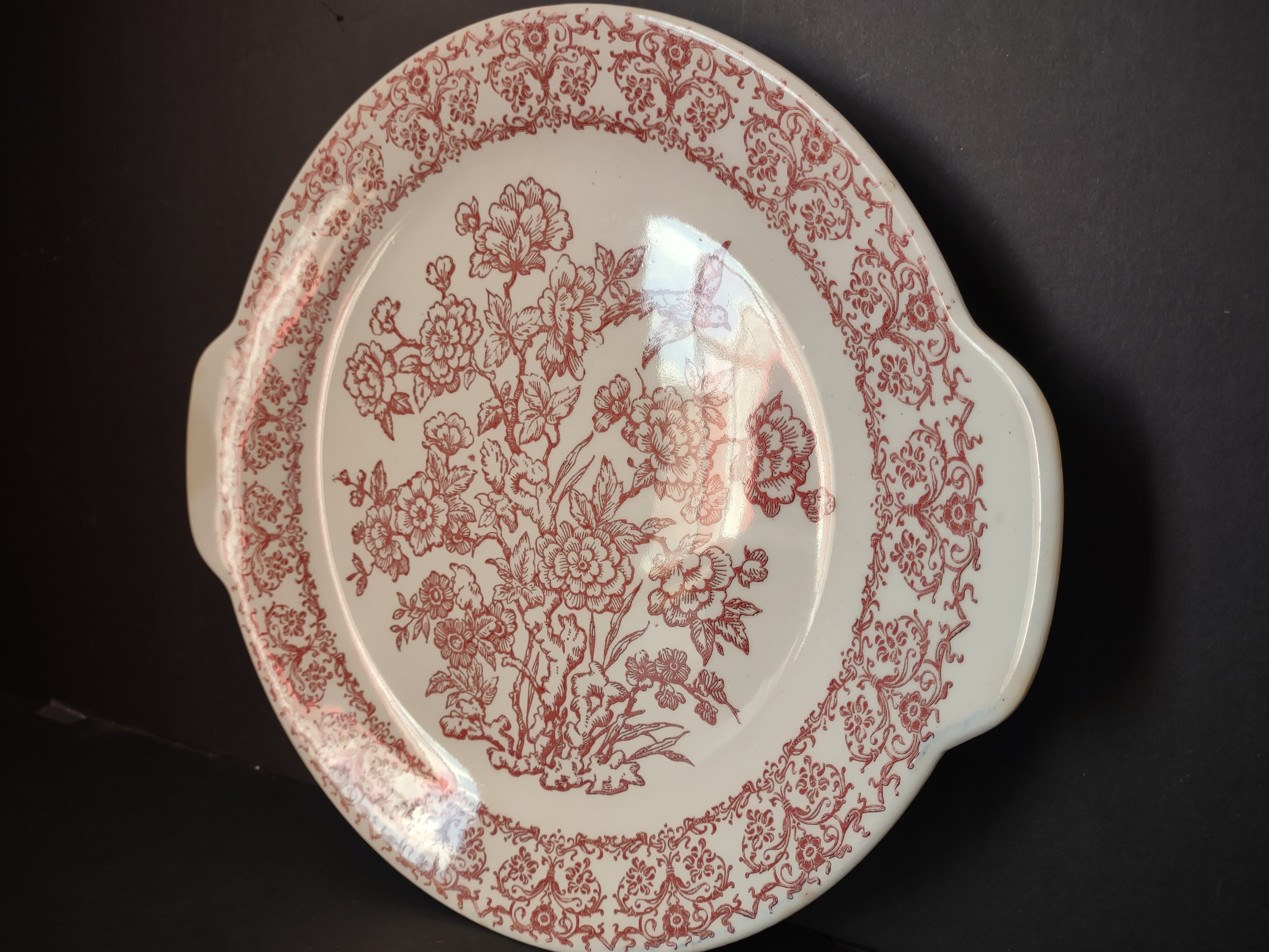 Vintage Royal China Underglaze Pink Red Transferware Bird Floral Tab Plate Cake Serving[7215]