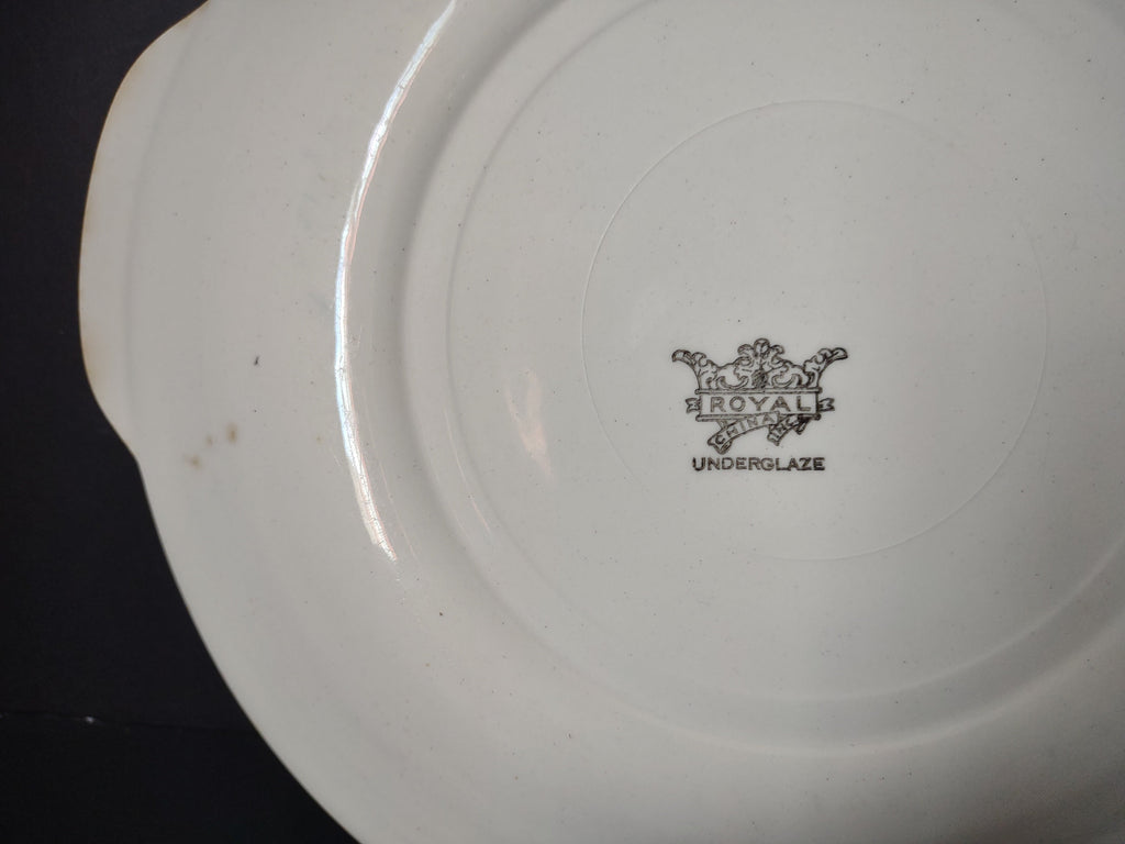 Vintage Royal China Underglaze pink red transferware bird floral tab plate front view