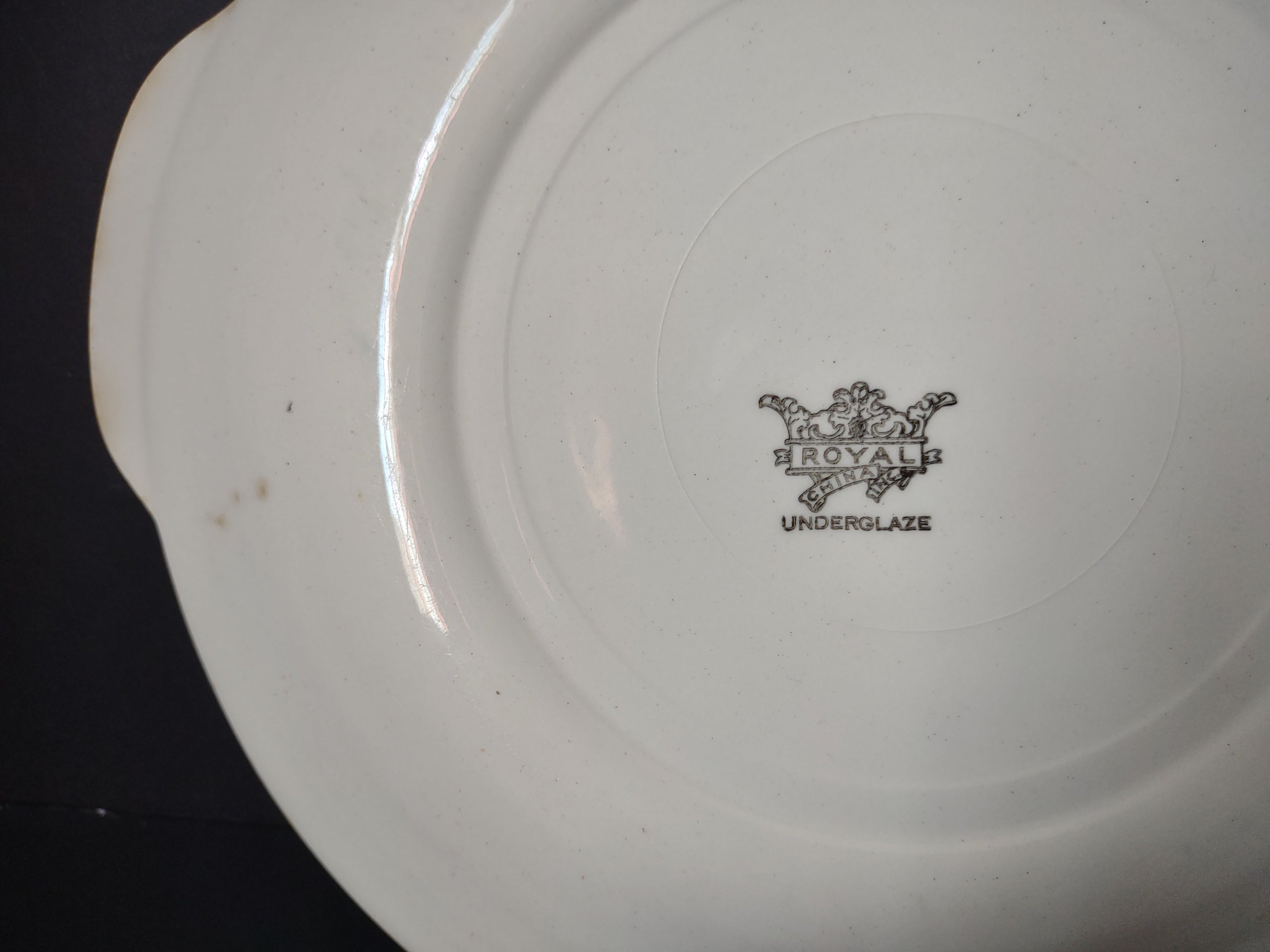 Vintage Royal China Underglaze pink red transferware bird floral tab plate front view