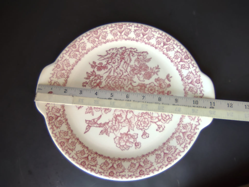 Vintage Royal China Underglaze Pink Red Transferware Bird Floral Tab Plate Cake Serving[7215]