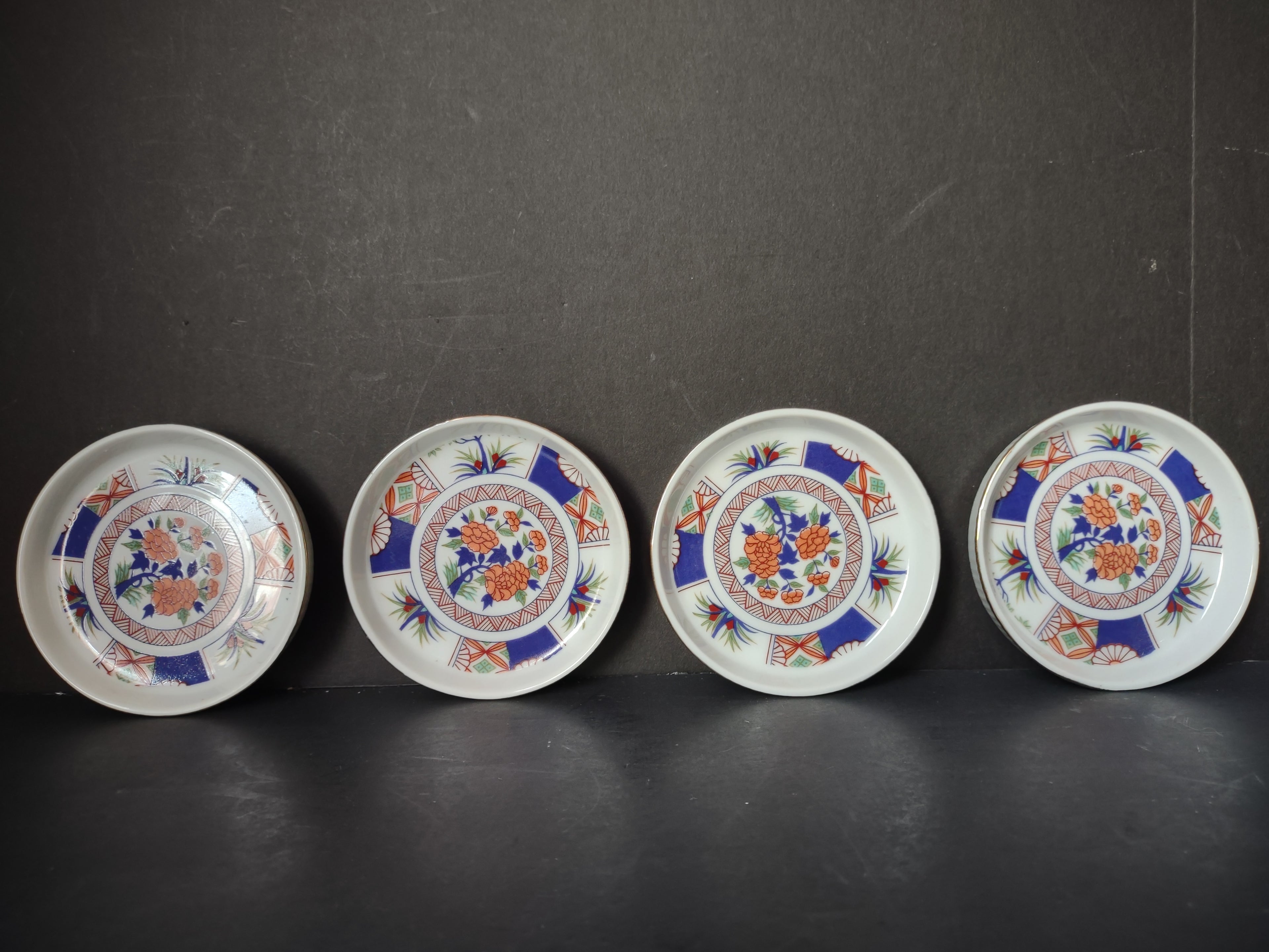 Vintage Japanese Imari Blue Orange Floral Butter Pat Coster Plates Set of 4 [7214]