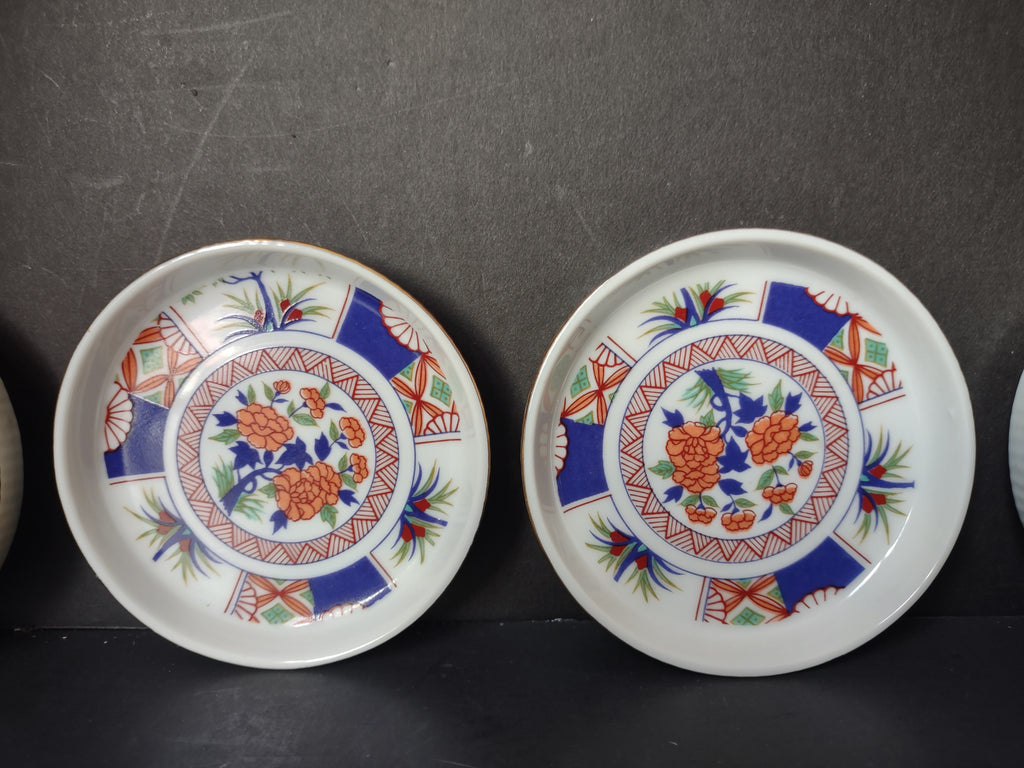 Vintage Japanese Imari Blue Orange Floral Butter Pat Coster Plates Set of 4 [7214]