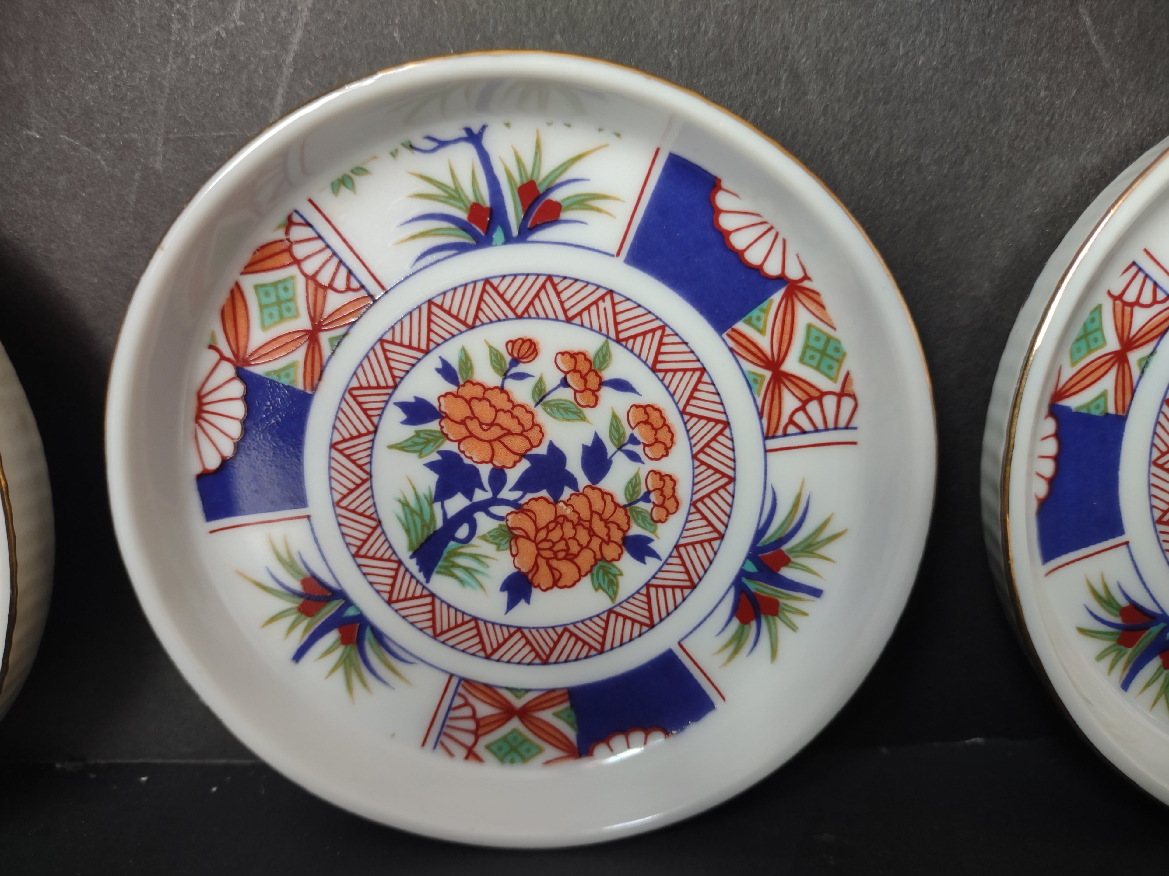 Vintage Japanese Imari Blue Orange Floral Butter Pat Coster Plates Set of 4 [7214]
