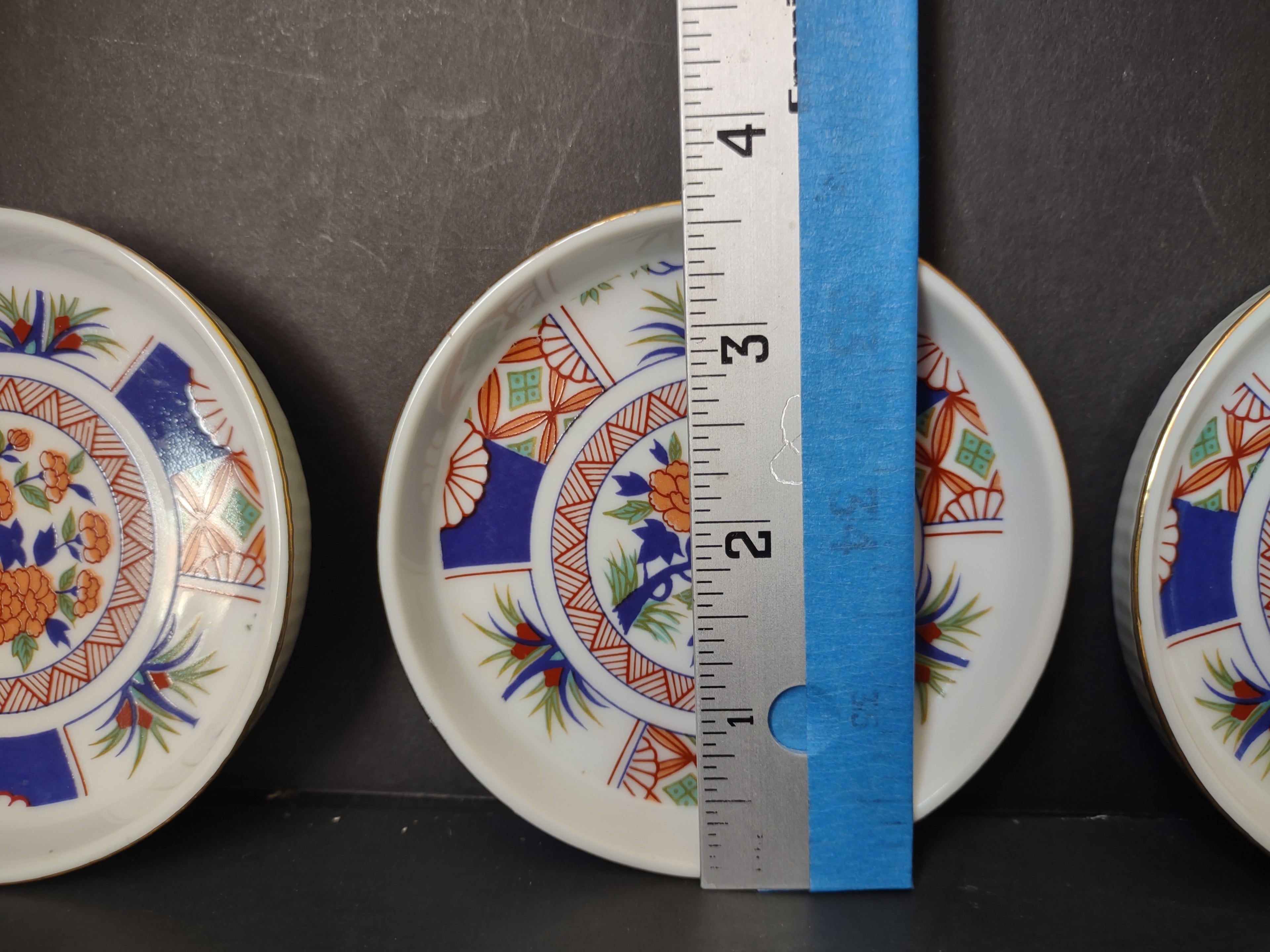 Vintage Japanese Imari Blue Orange Floral Butter Pat Coster Plates Set of 4 [7214]