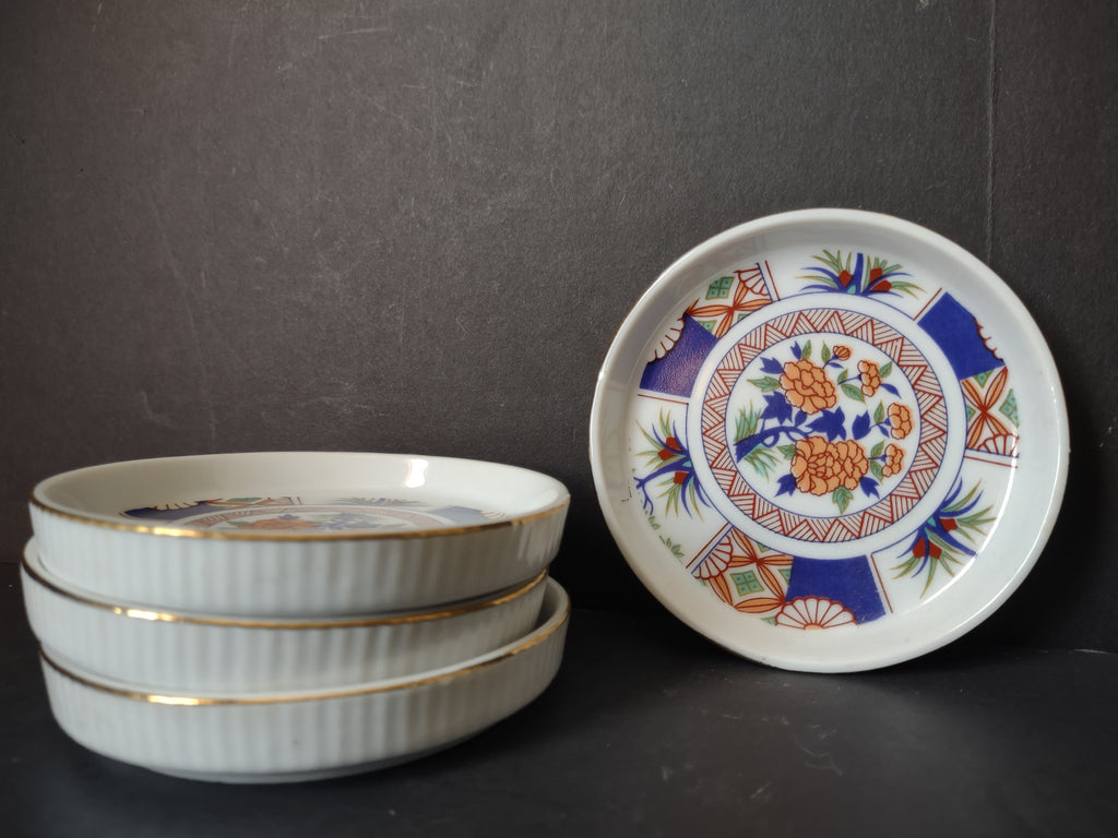 Vintage Japanese Imari Blue Orange Floral Butter Pat Coster Plates Set of 4 [7214]