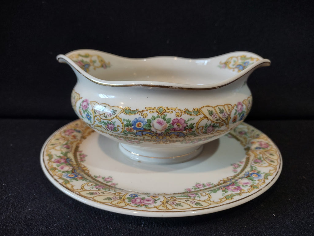 Vintage Syracuse China Opco USA Floral Gold Rose Marie Gravy Boat w/ Underplate [7199]