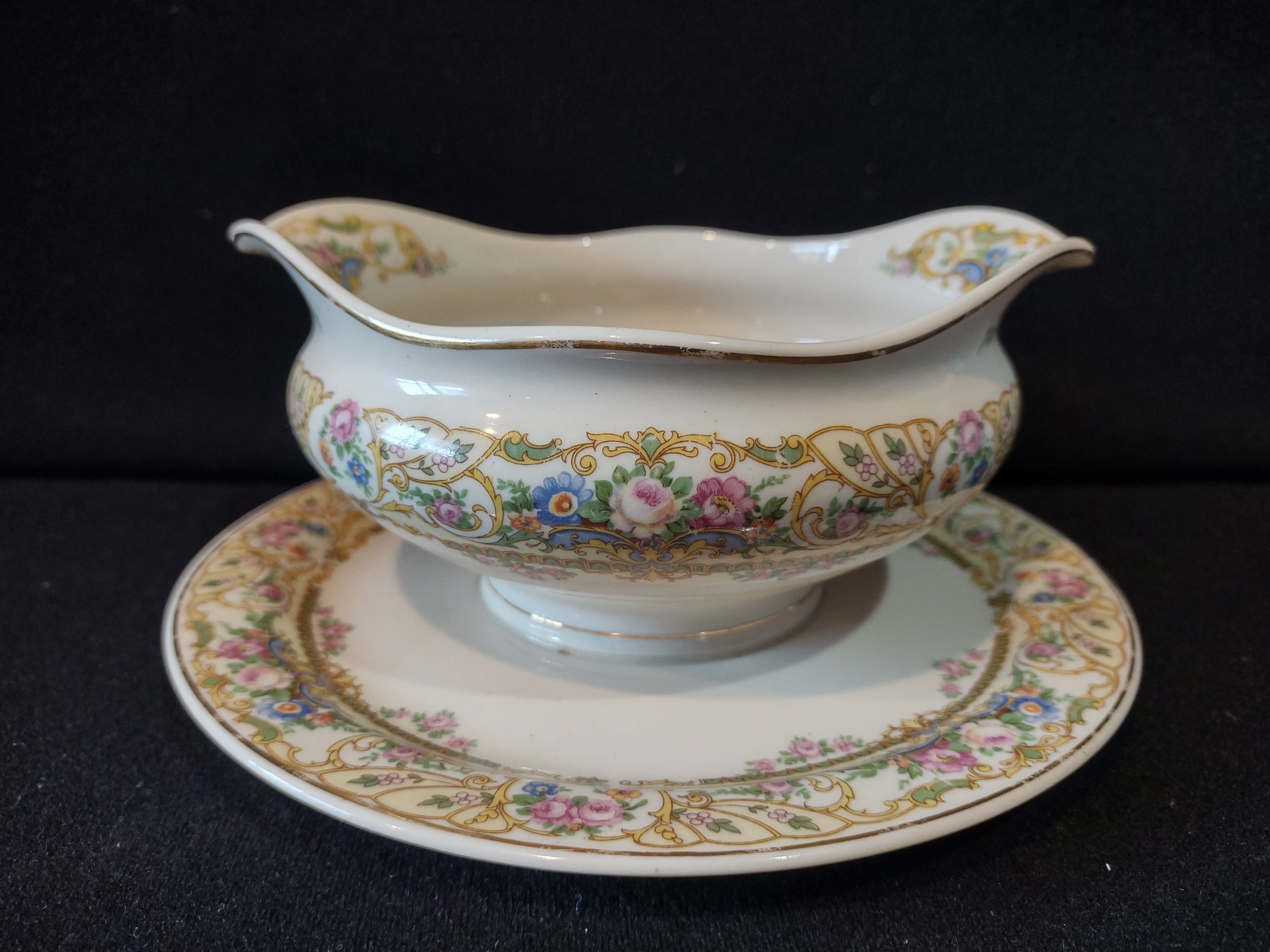 Vintage Syracuse China Opco USA Floral Gold Rose Marie Gravy Boat w/ Underplate [7199]