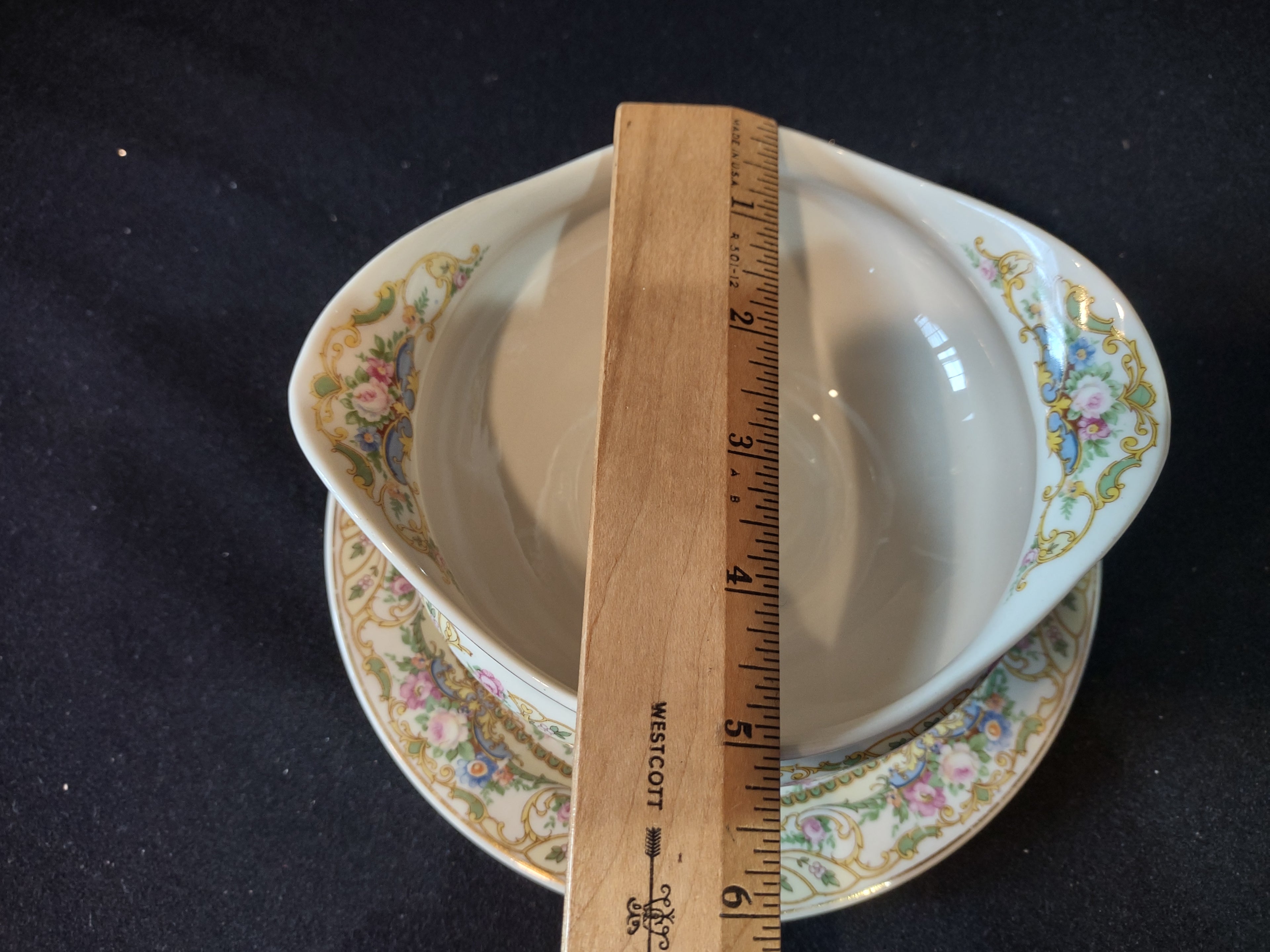 Vintage Syracuse China Opco USA Floral Gold Rose Marie Gravy Boat w/ Underplate [7199]