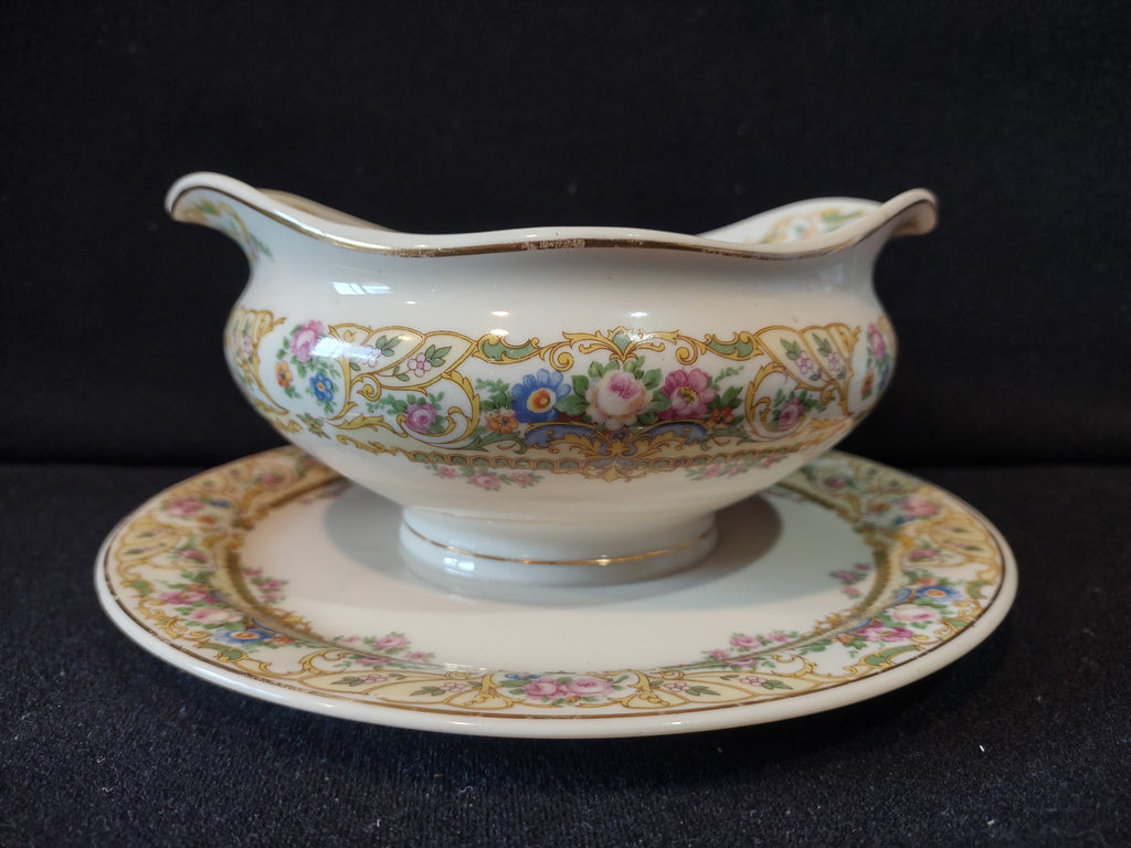 Vintage Syracuse China Opco USA Floral Gold Rose Marie Gravy Boat w/ Underplate [7199]