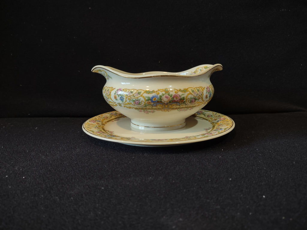 Vintage Syracuse China Opco USA Floral Gold Rose Marie Gravy Boat w/ Underplate [7199]