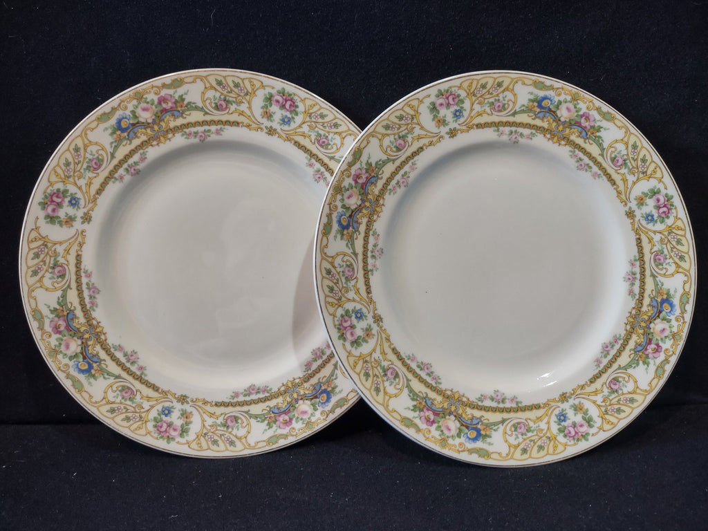 Vintage Syracuse China Opco USA Rose Marie plates set of 2 - front view showing floral gold scrollwork border