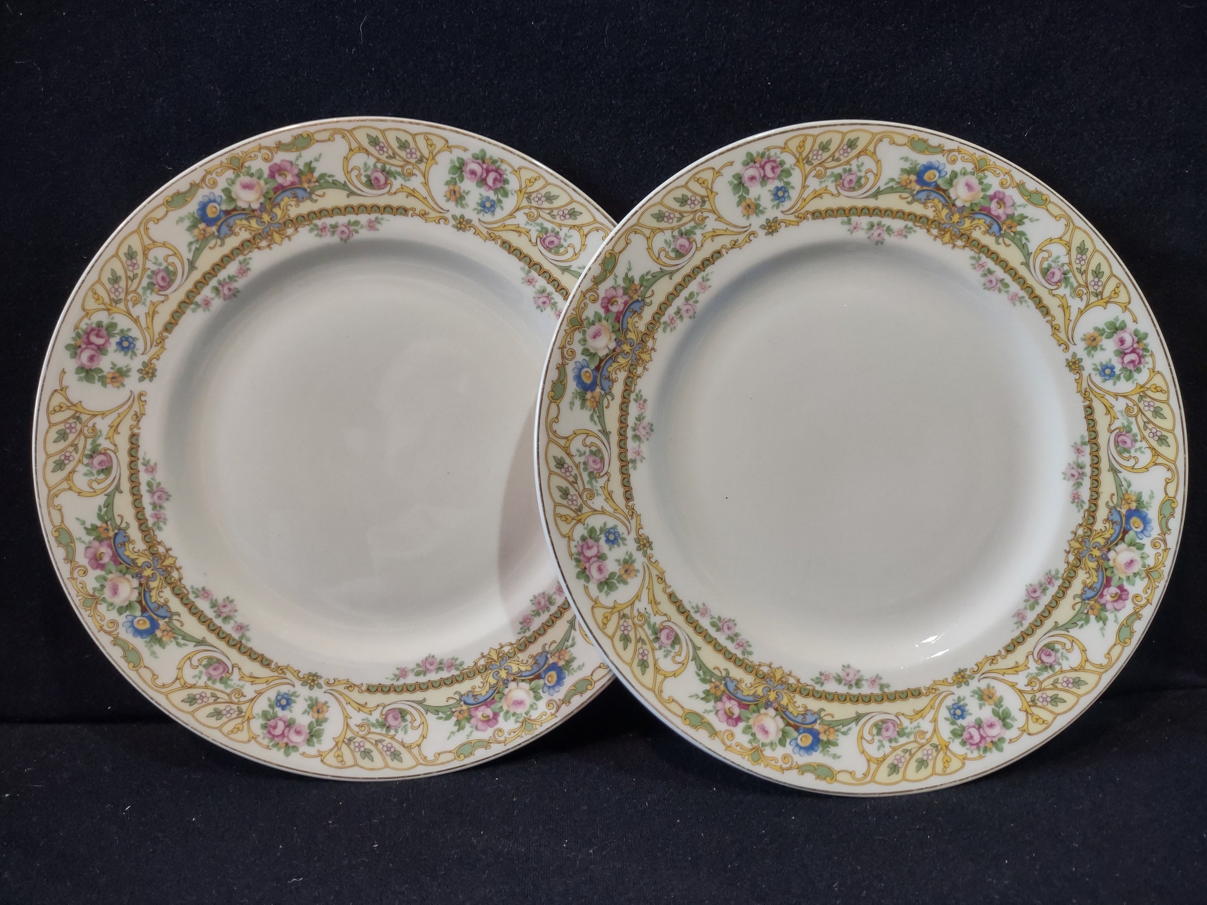 Vintage Syracuse China Opco USA Rose Marie plates set of 2 - front view showing floral gold scrollwork border
