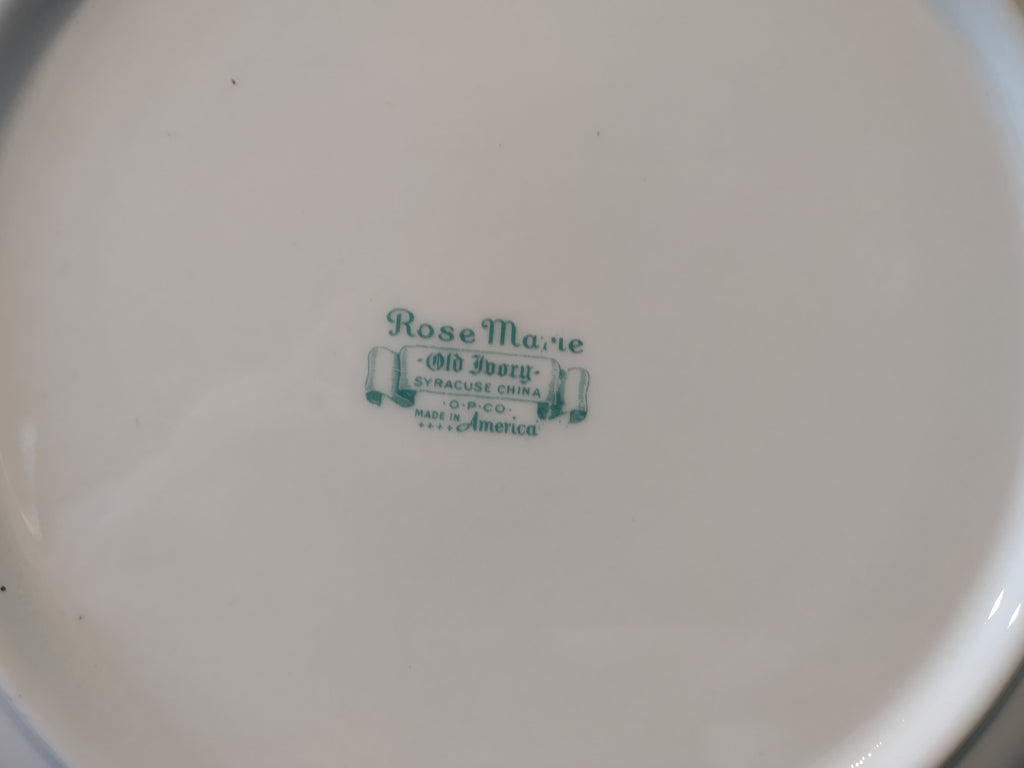 Vintage Syracuse China Opco USA Rose Marie plate - backstamp showing Rose Marie Old Ivory Syracuse China O.P.Co. Made in America