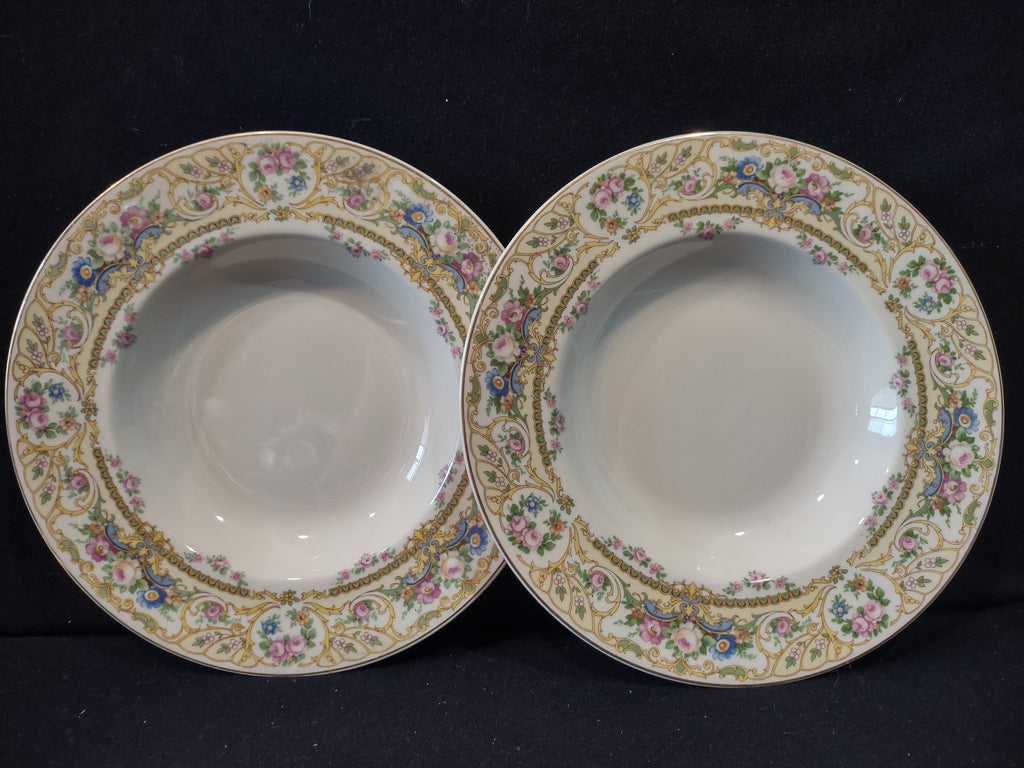 Vintage Syracuse China OPCo Rose Marie rimmed soup bowls set of 2 - front view showing floral gold scrollwork border