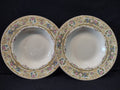 Vintage Syracuse China OPCo Rose Marie rimmed soup bowls set of 2 - front view showing floral gold scrollwork border