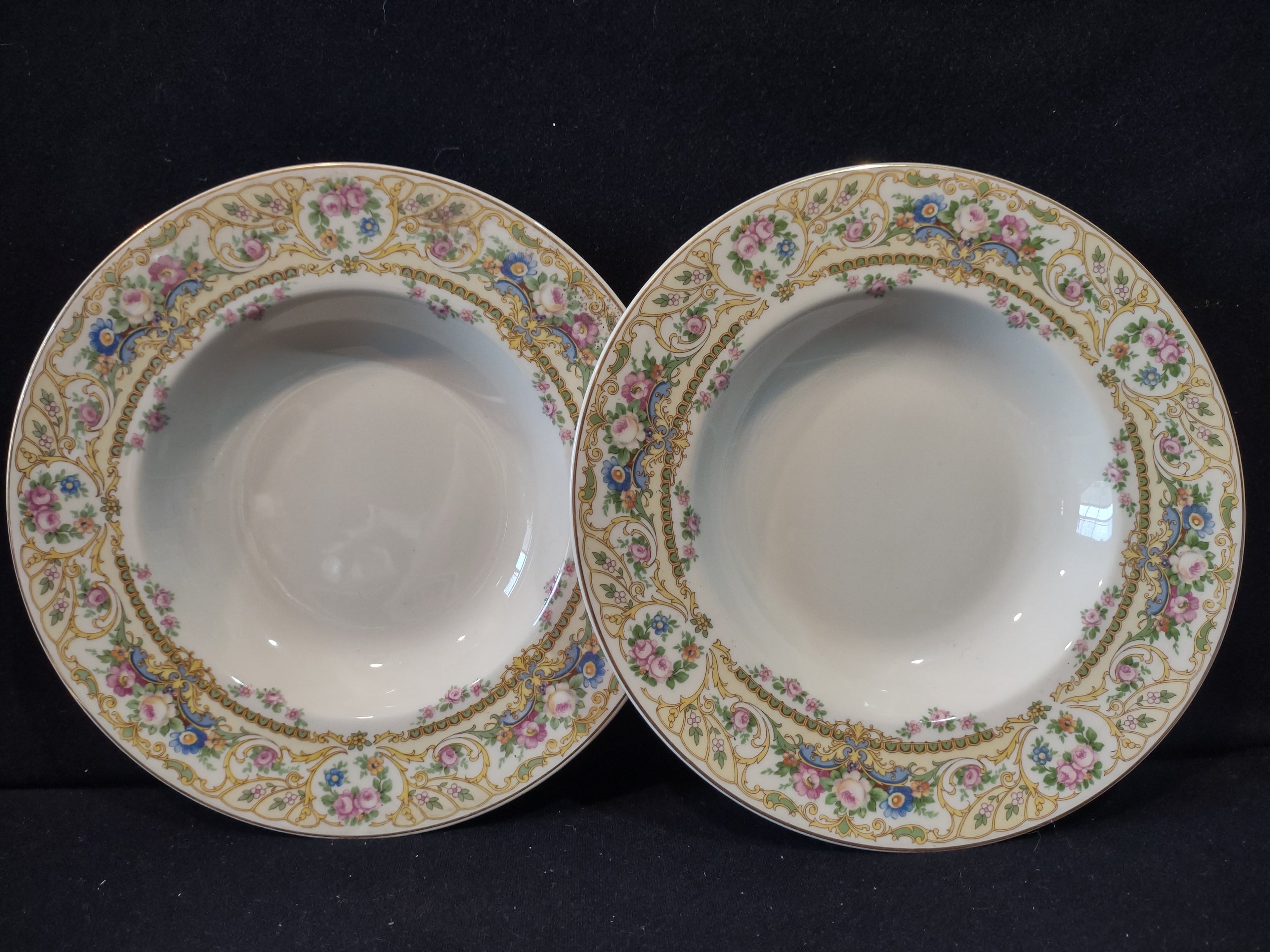 Vintage Syracuse China OPCo Rose Marie rimmed soup bowls set of 2 - front view showing floral gold scrollwork border