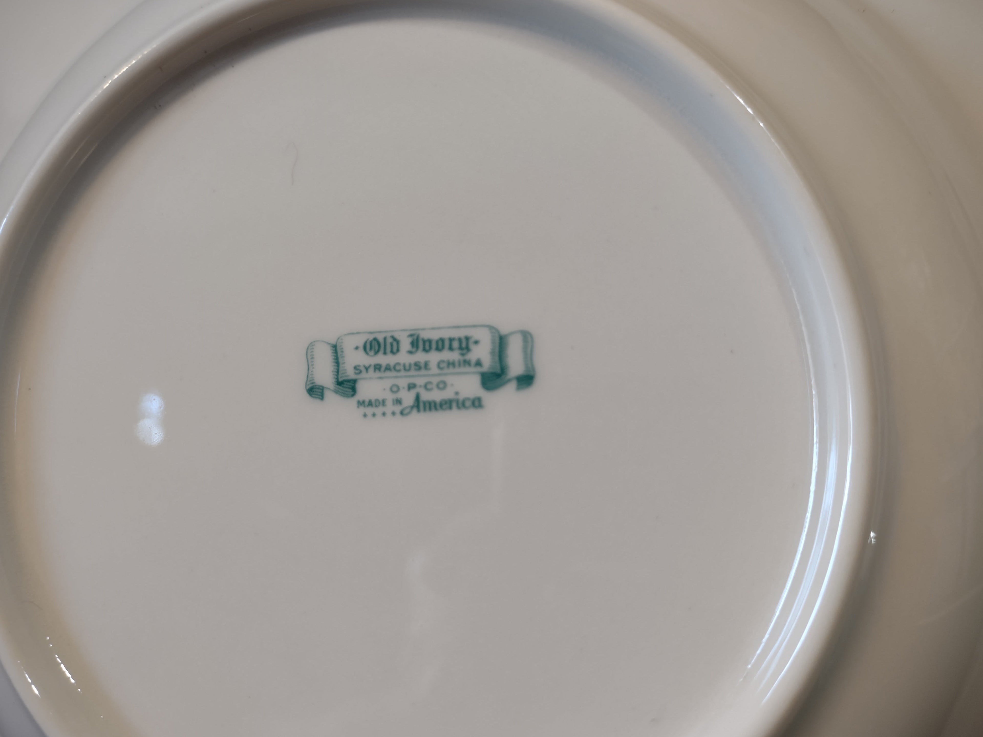 Vintage Syracuse China OPCo Rose Marie soup bowl - backstamp showing Old Ivory Syracuse China O.P.Co. Made in America