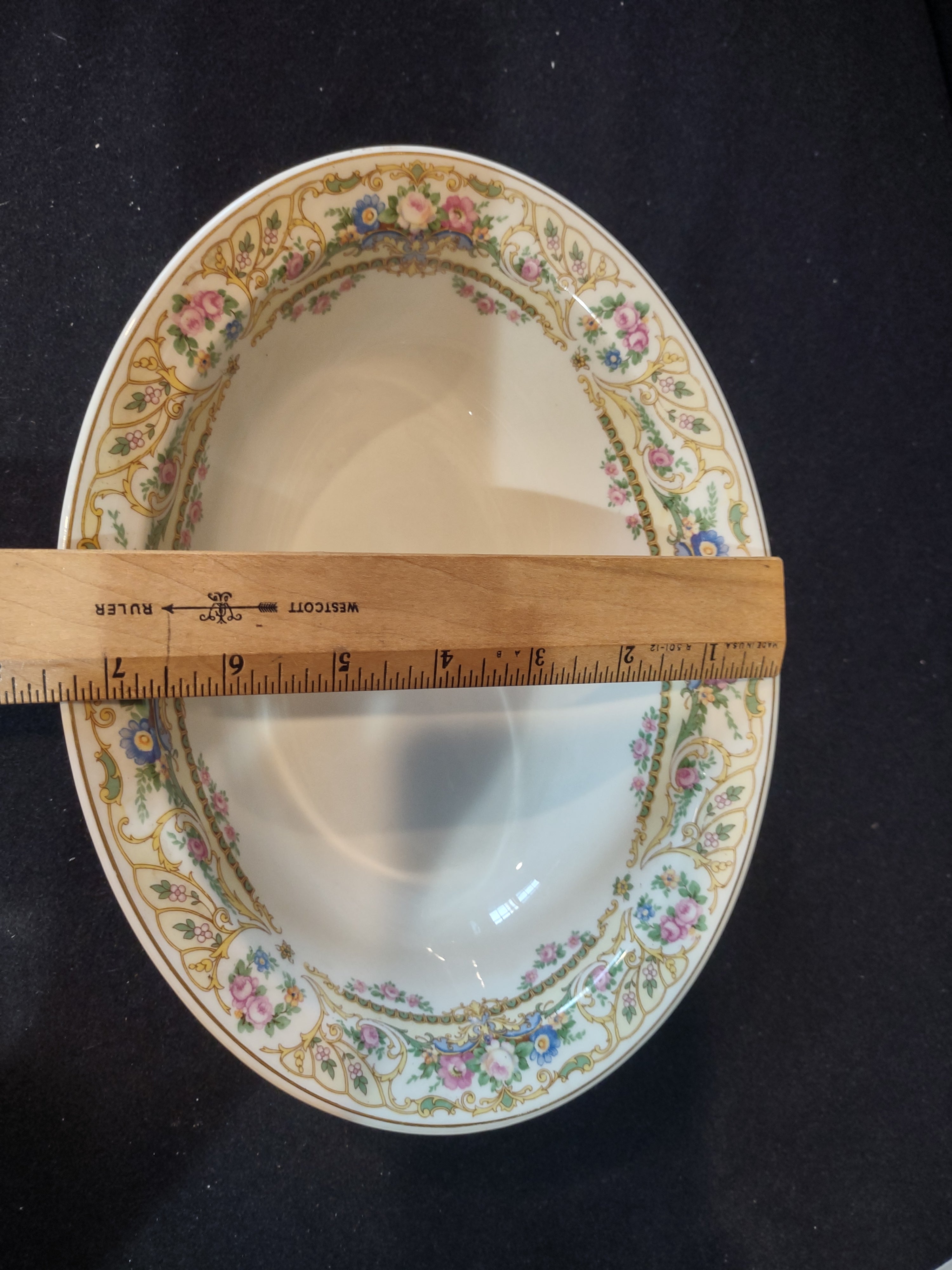 Vintage Syracuse China Rose Marie oval vegetable bowl - full view showing pink roses and blue floral border
