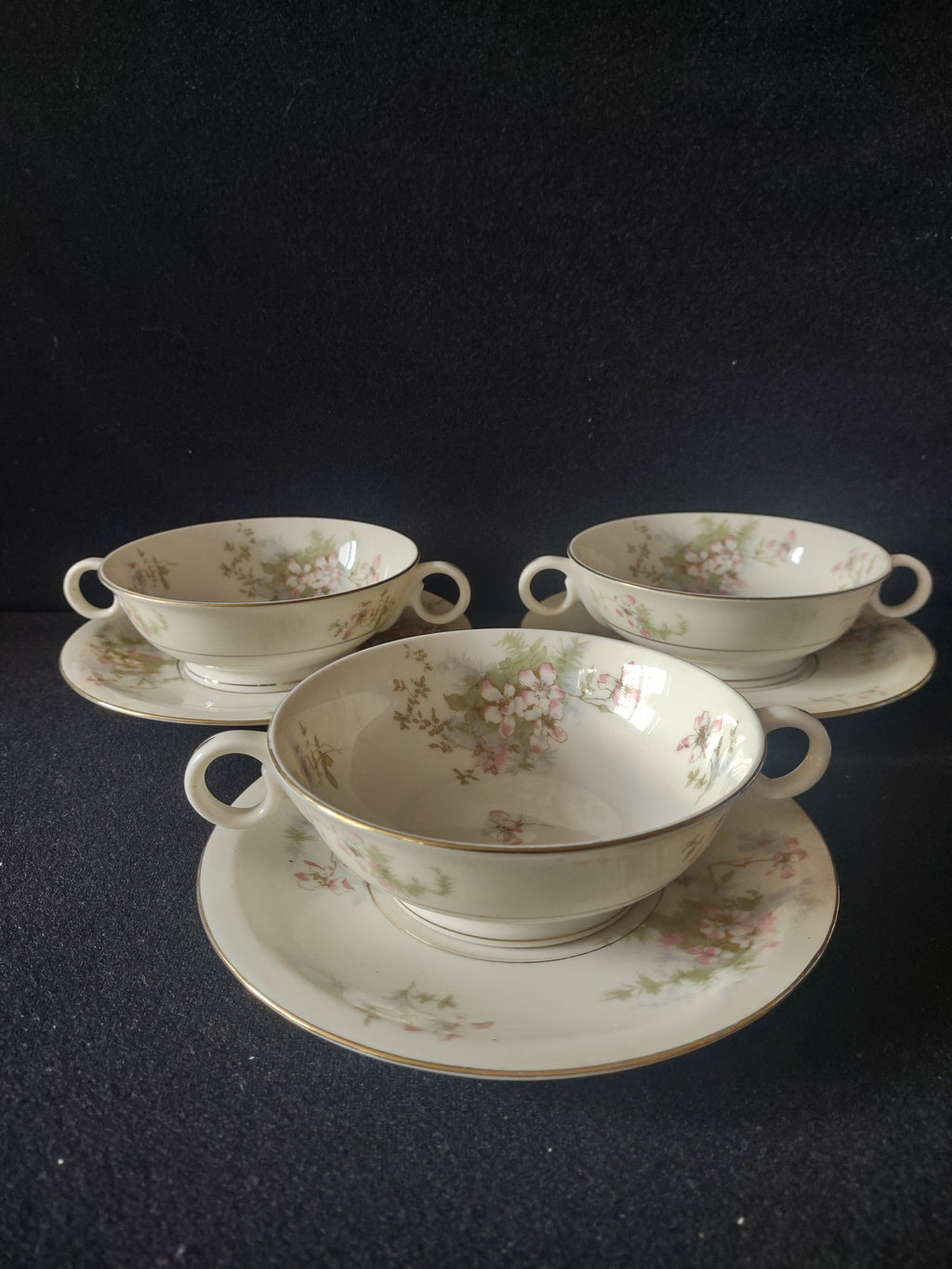 Vintage Theodore Haviland New York Apple Blossom cream soup cups with saucers set of 3 front view