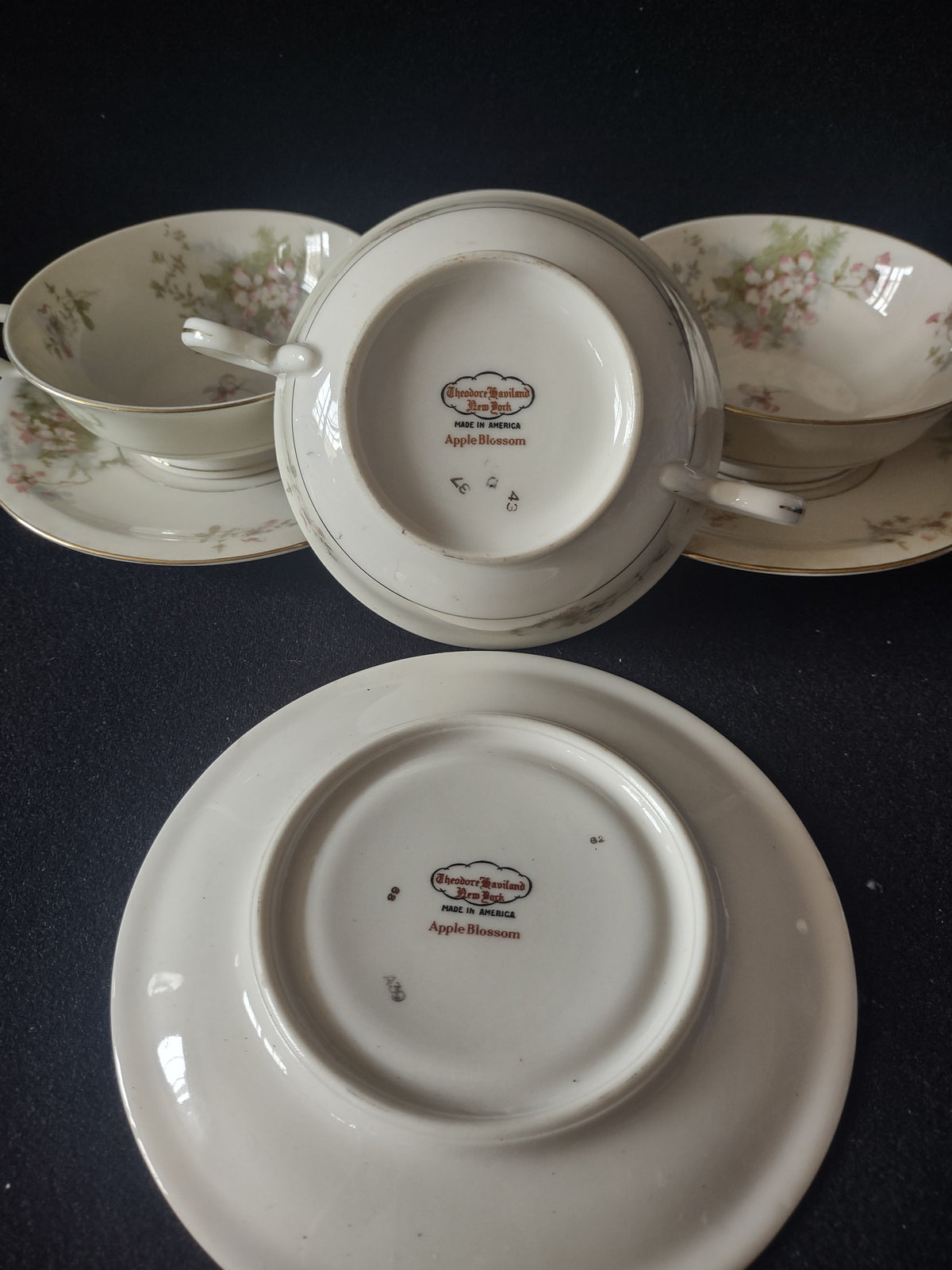 Vintage Theodore Haviland New York Apple Blossom cream soup cup and saucer backstamp Made in America