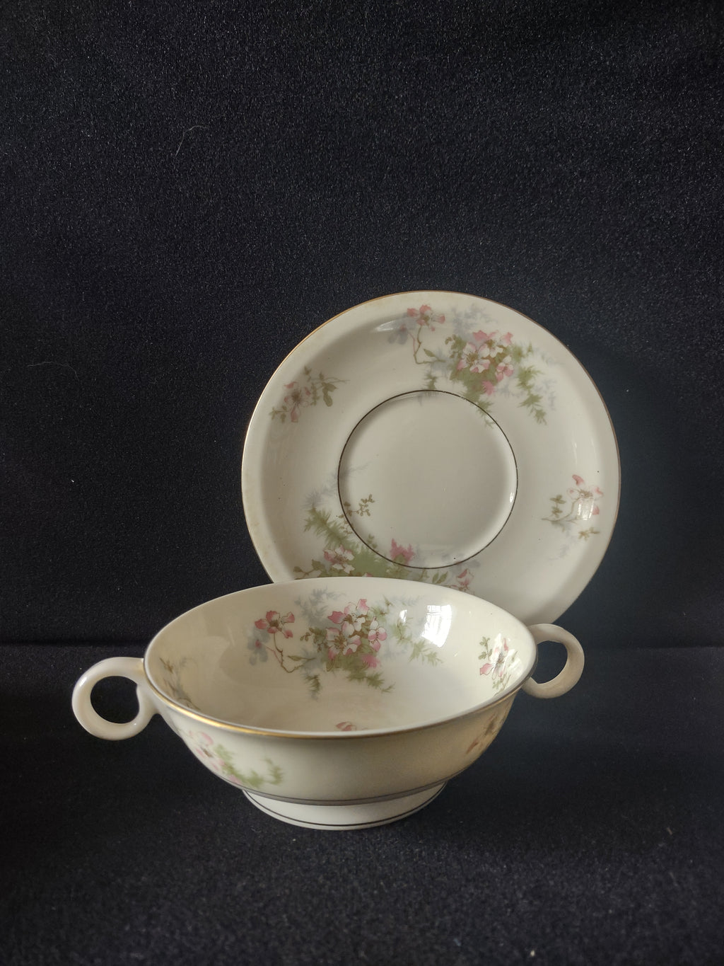 Vintage Theodore Haviland NY Apple Blossom Cream Soup Cup Set of 3 [7220]