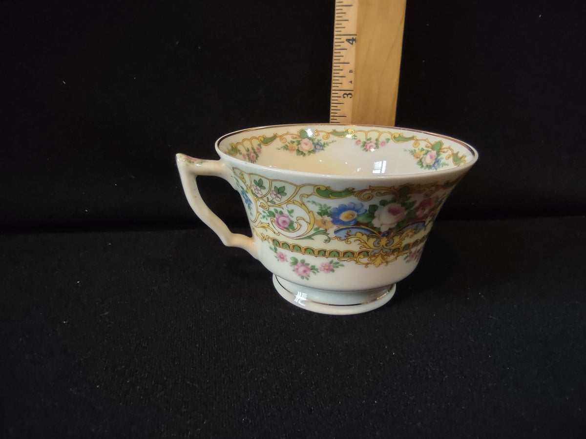 Vintage Gold Scroll Pink Rose Floral Footed Tea Cup - exterior side view