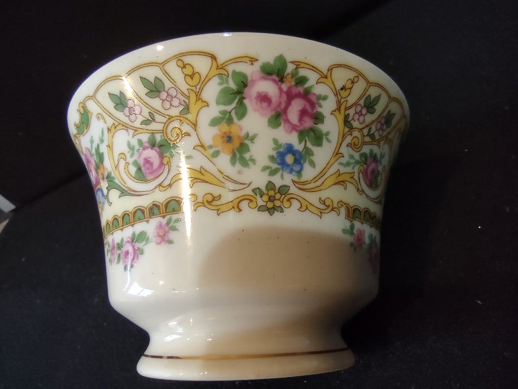 Vintage Gold Scroll Pink Rose Floral Footed Tea Cup - angled view