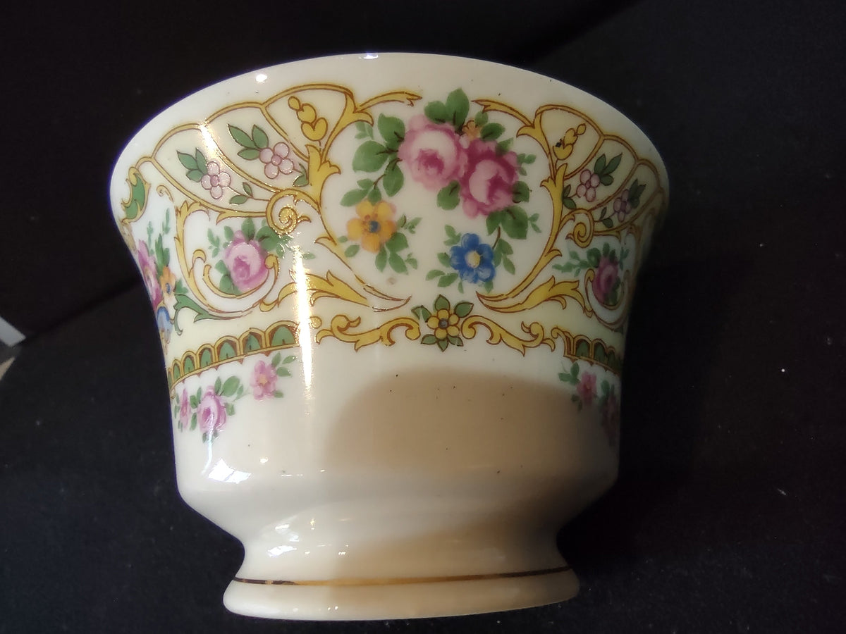 Vintage Gold Scroll Pink Rose Floral Footed Tea Cup - angled view