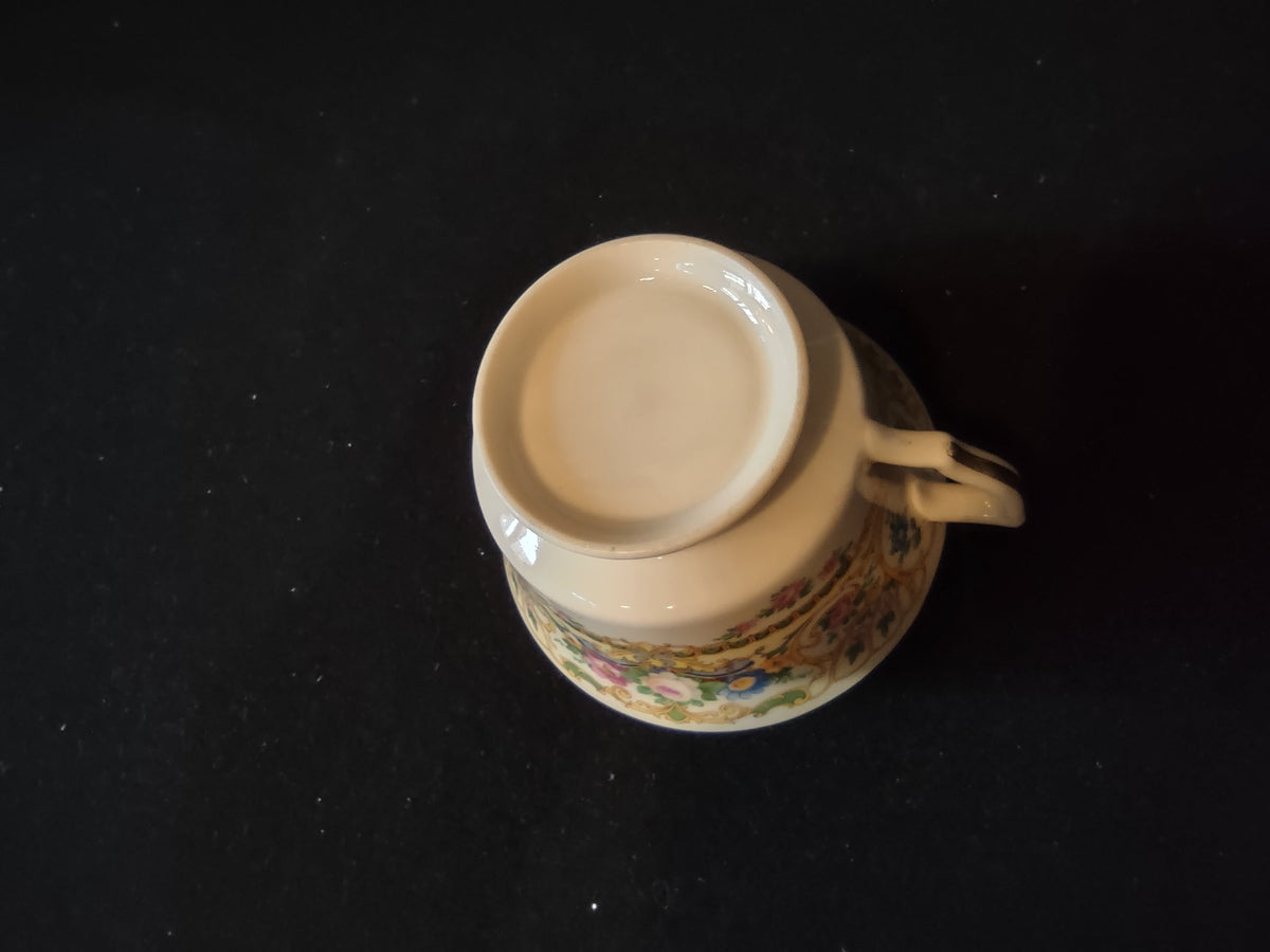 Vintage Gold Scroll Pink Rose Floral Footed Tea Cup - opposite side view