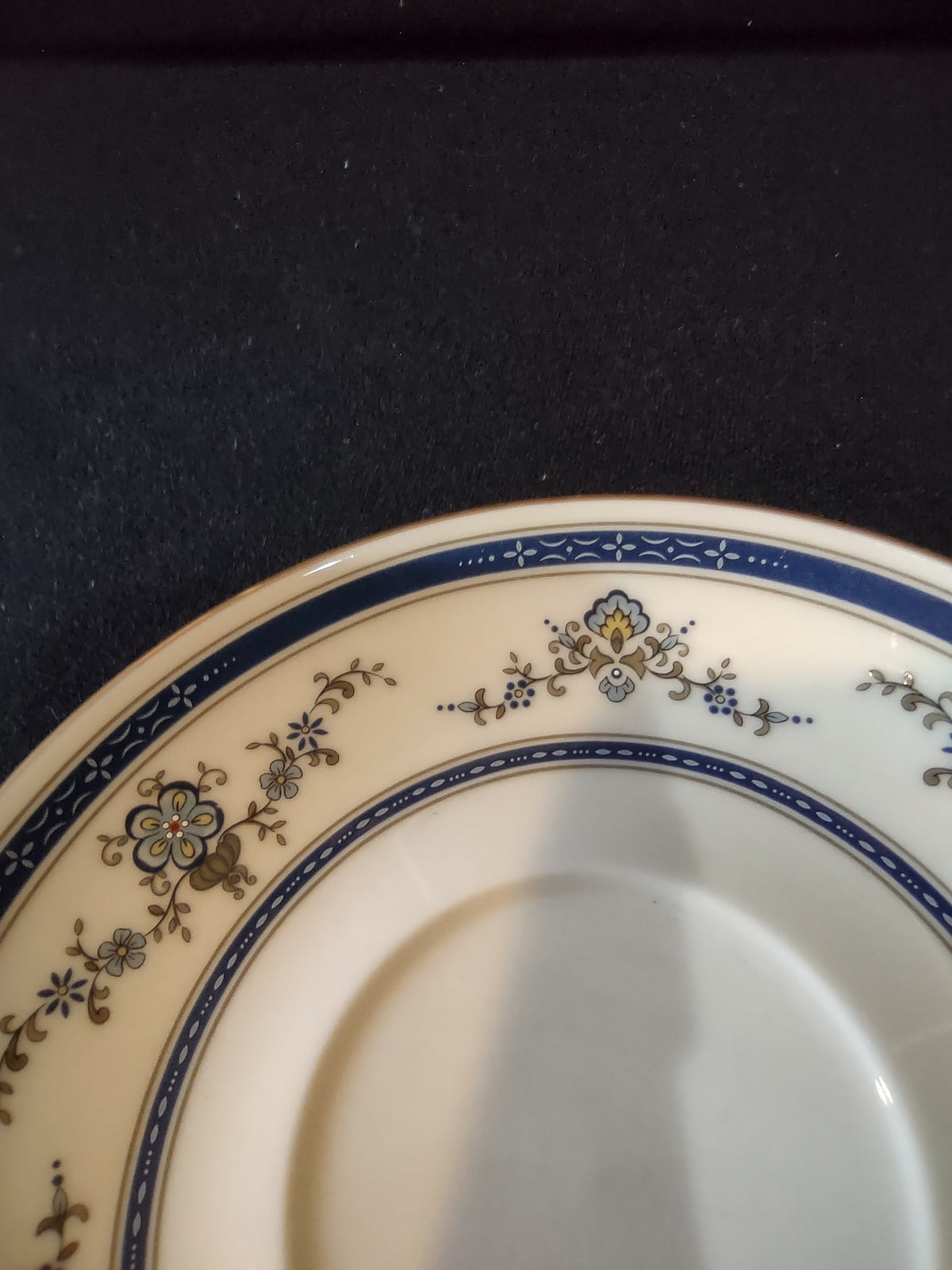 Gorham Finial Fine China saucer - close-up of floral scrollwork and cobalt blue band
