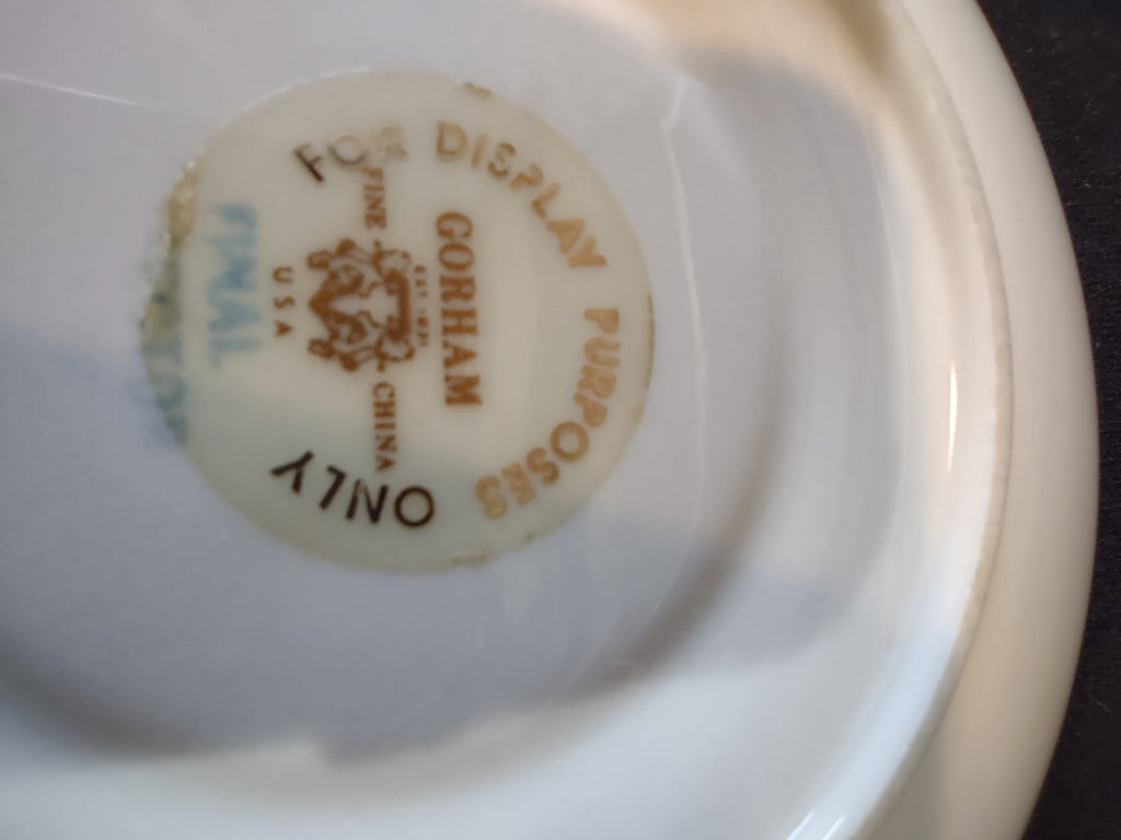Gorham Finial Fine China saucer - close-up of blue floral garland and cobalt band detail