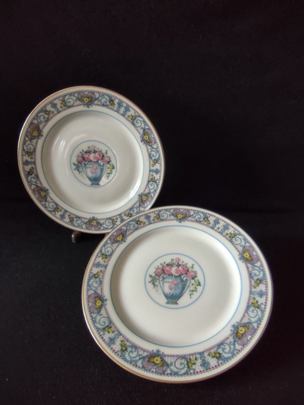 Vintage Limoges France pink rose urn blue scrollwork plates set of 2 front view