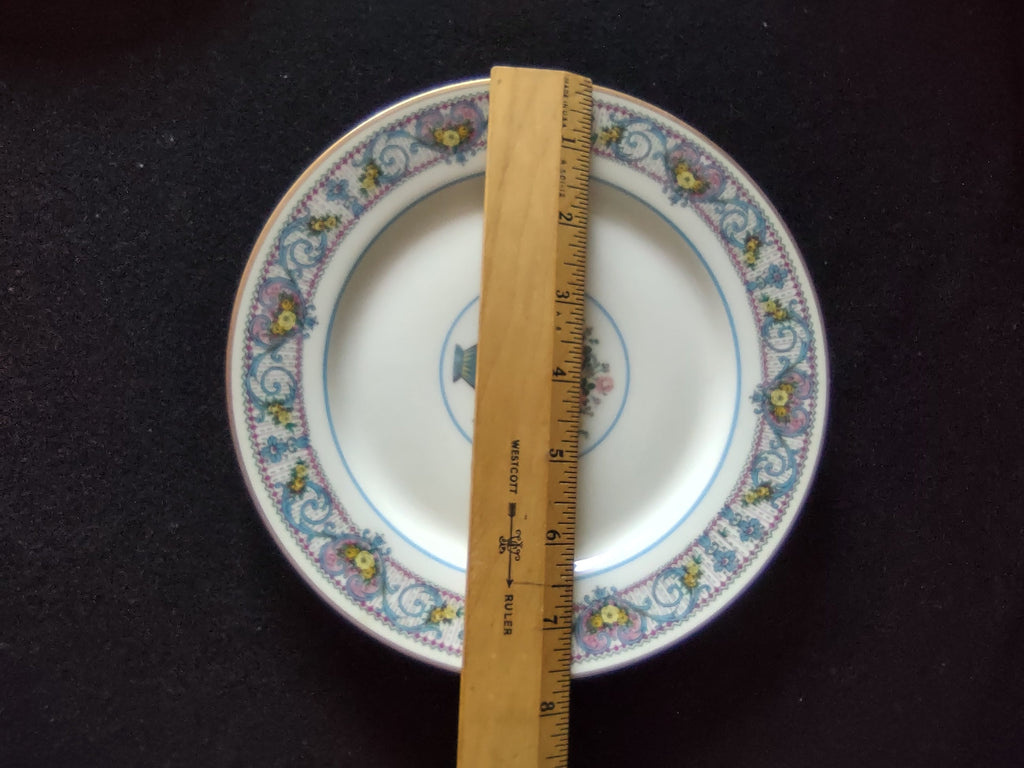 Vintage Limoges France plate border detail blue scrollwork yellow roses pink lattice