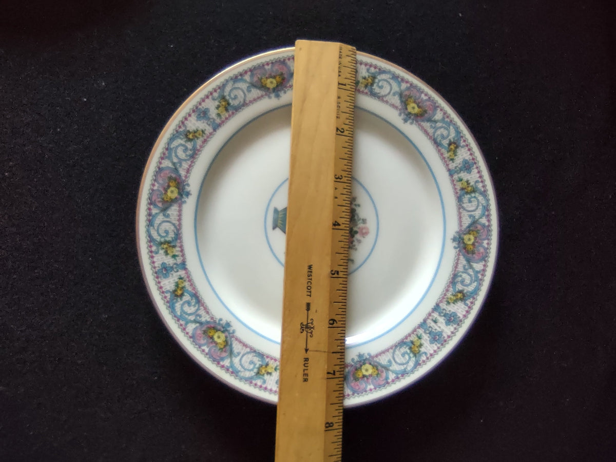 Vintage Limoges France plate border detail blue scrollwork yellow roses pink lattice