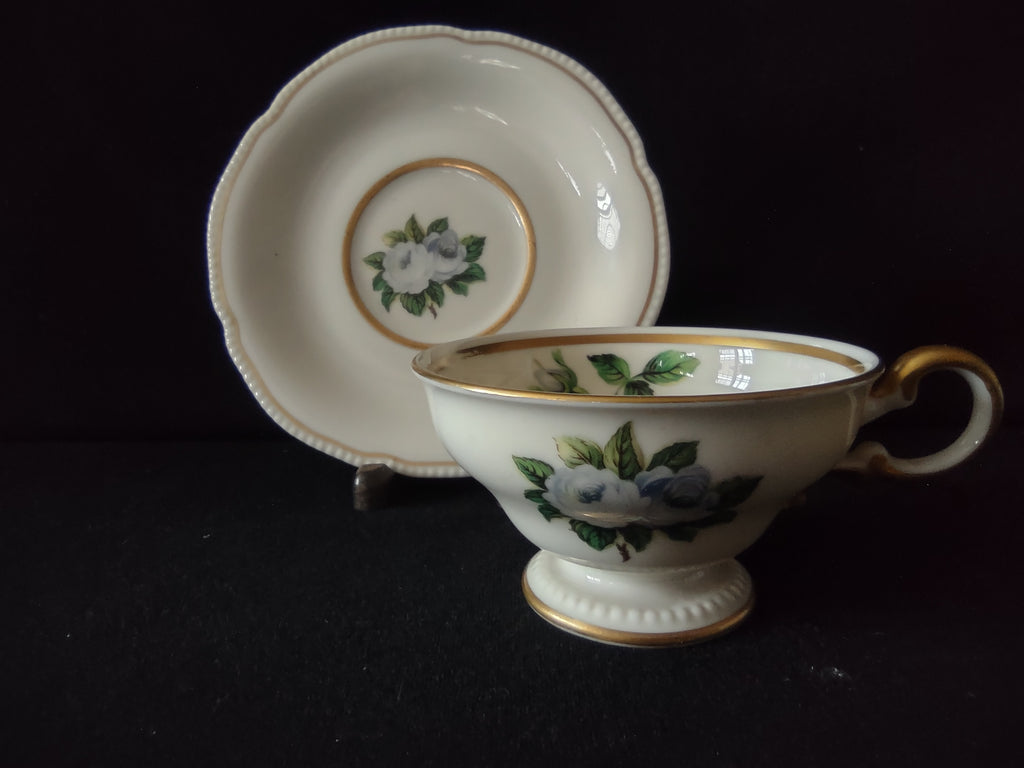 Vintage Castleton China Blue Rose Cup & Saucer Cream Gold USA [7001]