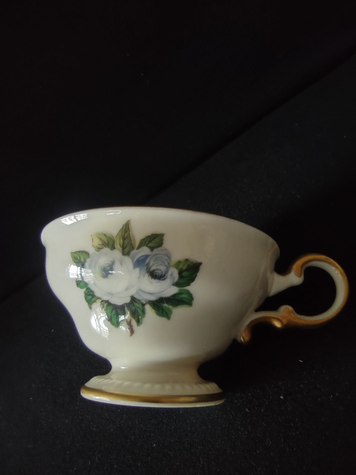 Vintage Castleton China Blue Rose Cup & Saucer Cream Gold USA [7001]